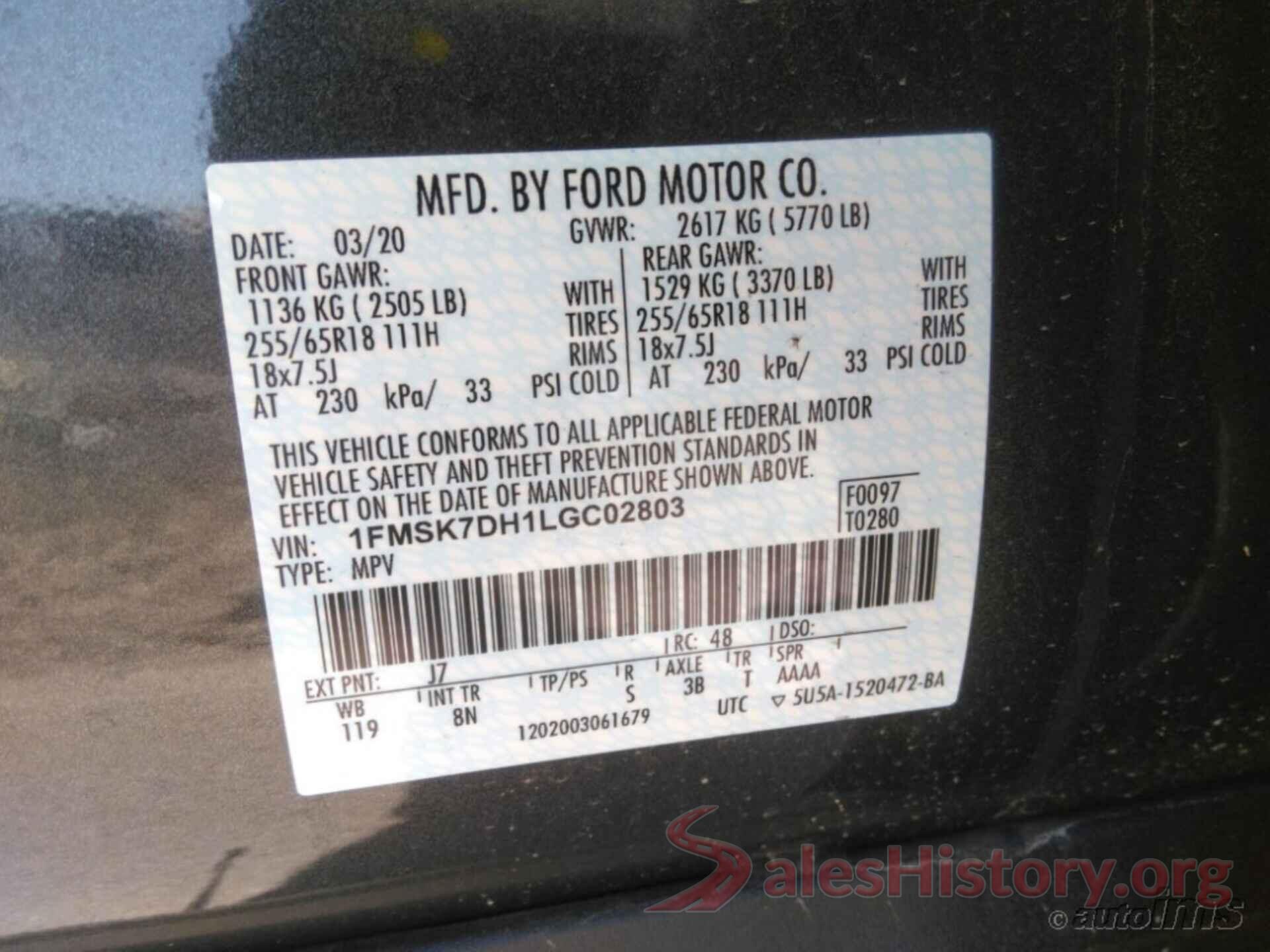 1FMSK7DH1LGC02803 2020 FORD EXPLORER