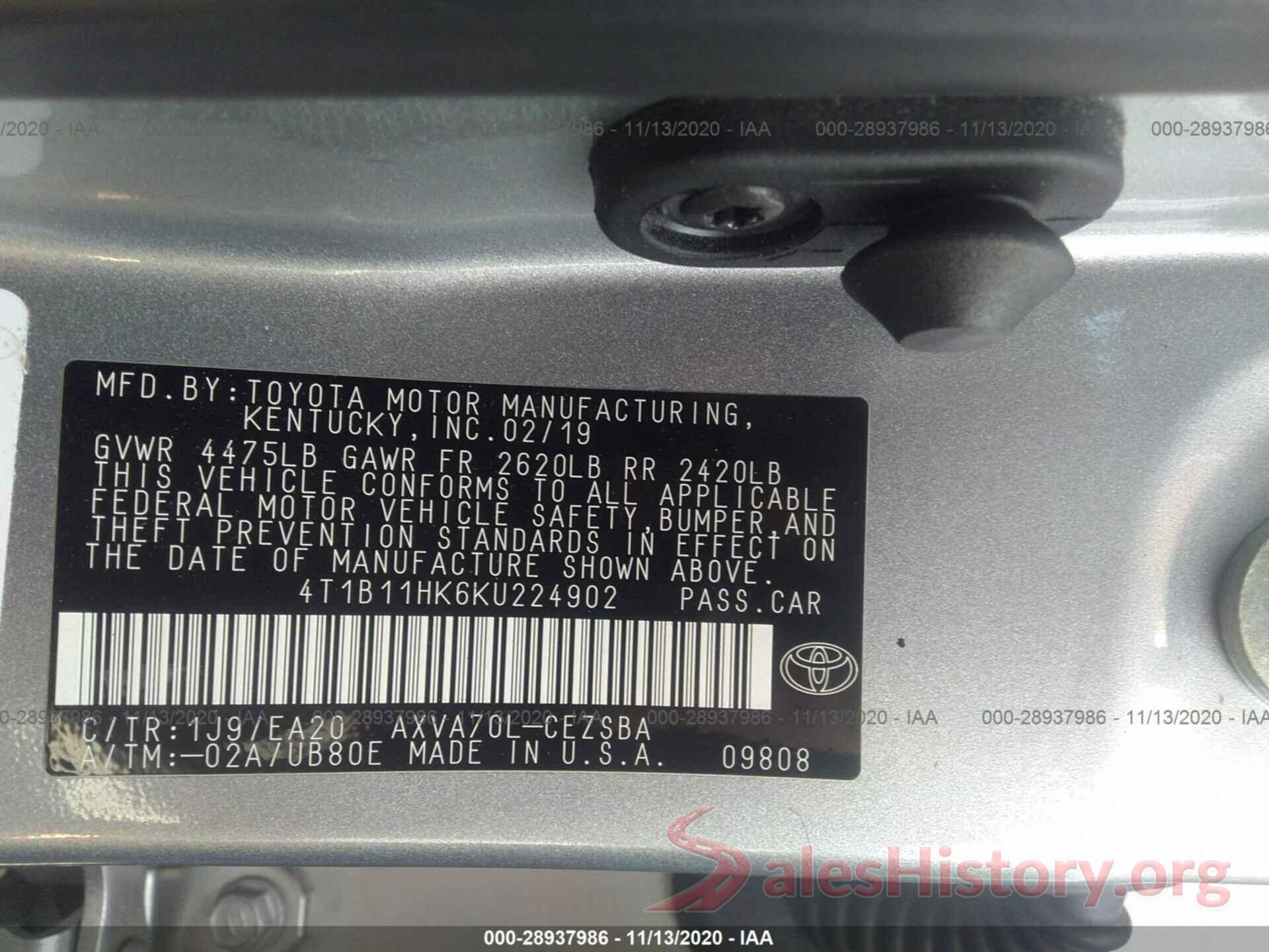 4T1B11HK6KU224902 2019 TOYOTA CAMRY