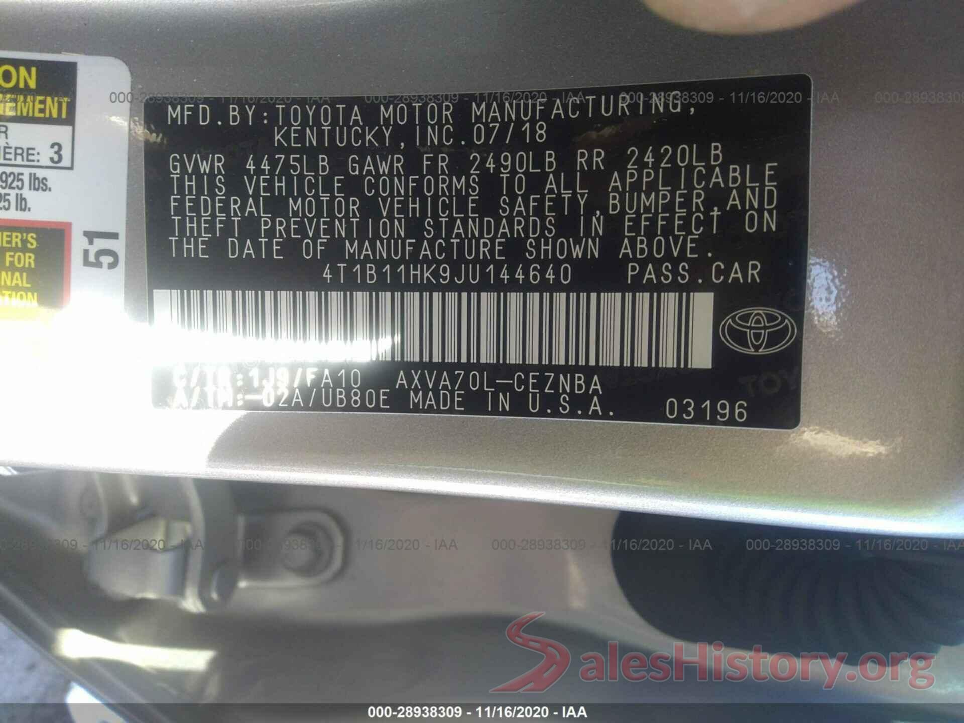 4T1B11HK9JU144640 2018 TOYOTA CAMRY