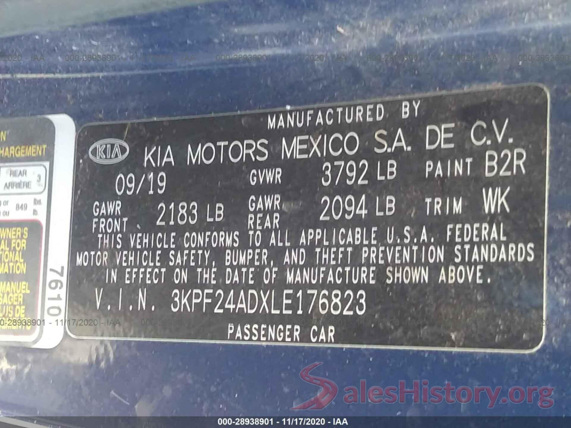 3KPF24ADXLE176823 2020 KIA FORTE