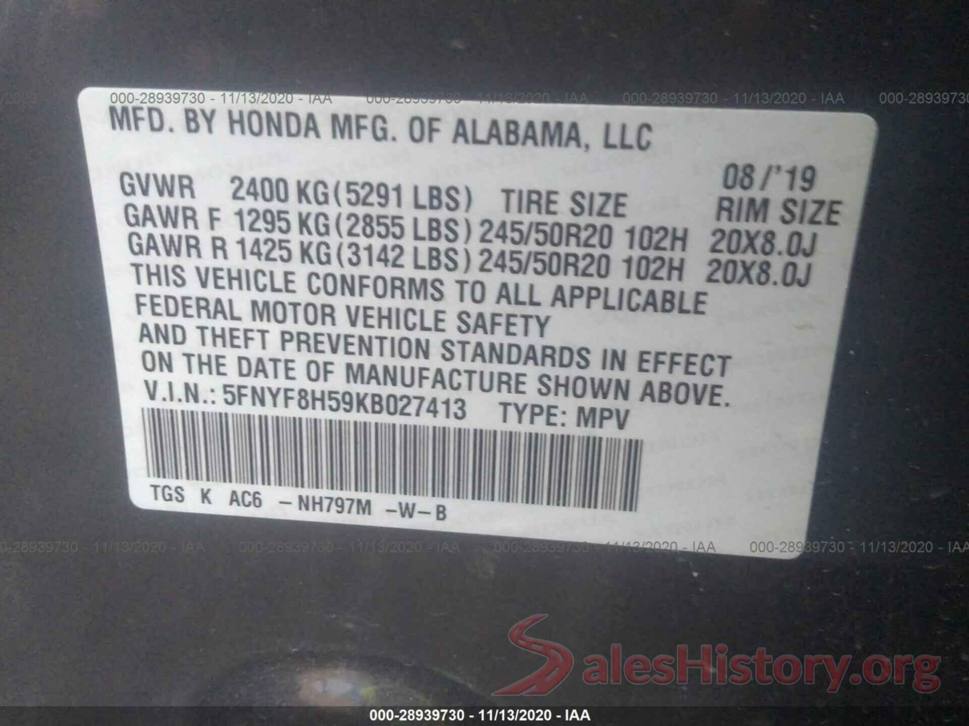 5FNYF8H59KB027413 2019 HONDA PASSPORT