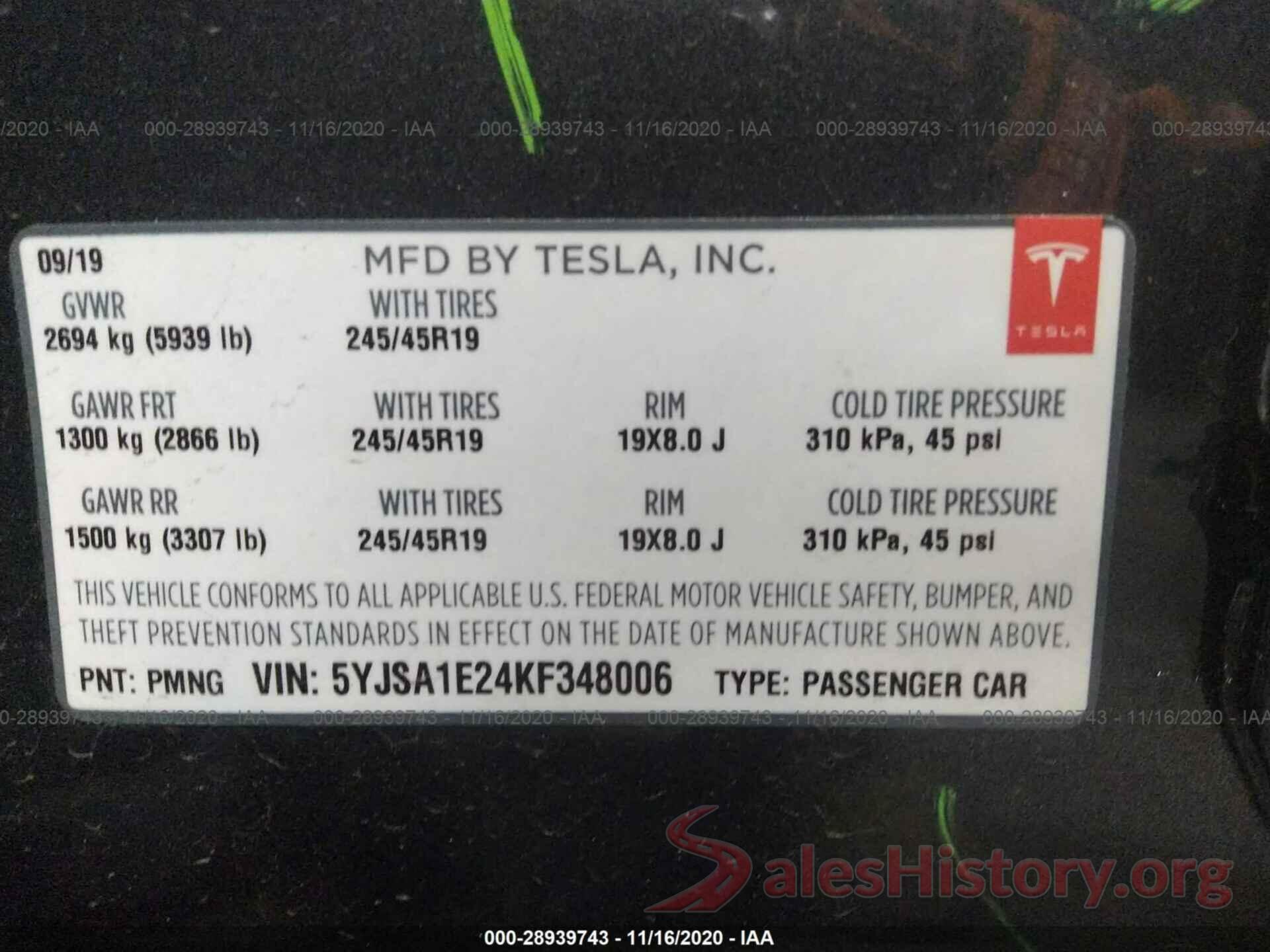 5YJSA1E24KF348006 2019 TESLA MODEL S