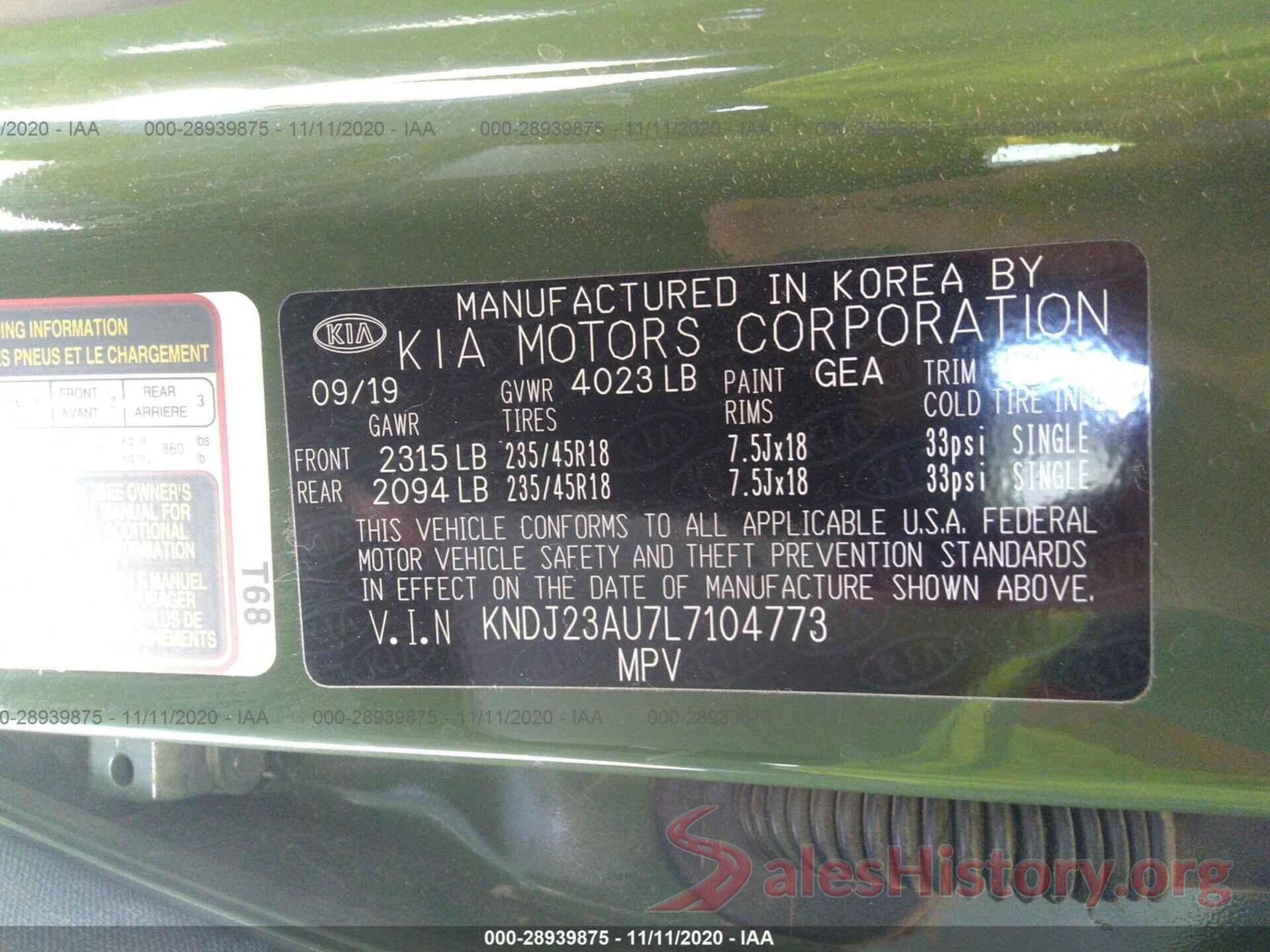 KNDJ23AU7L7104773 2020 KIA SOUL