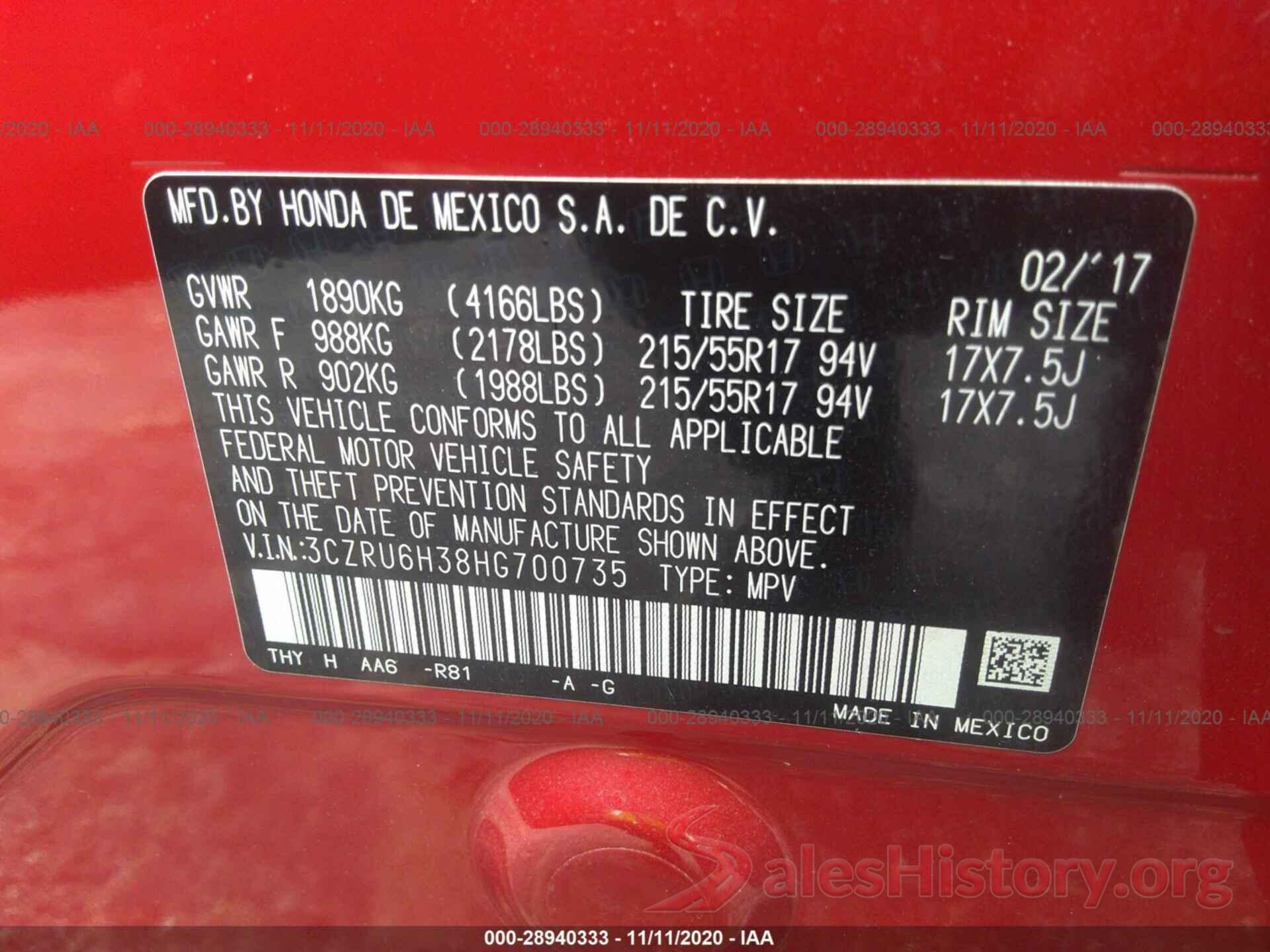 3CZRU6H38HG700735 2017 HONDA HR-V