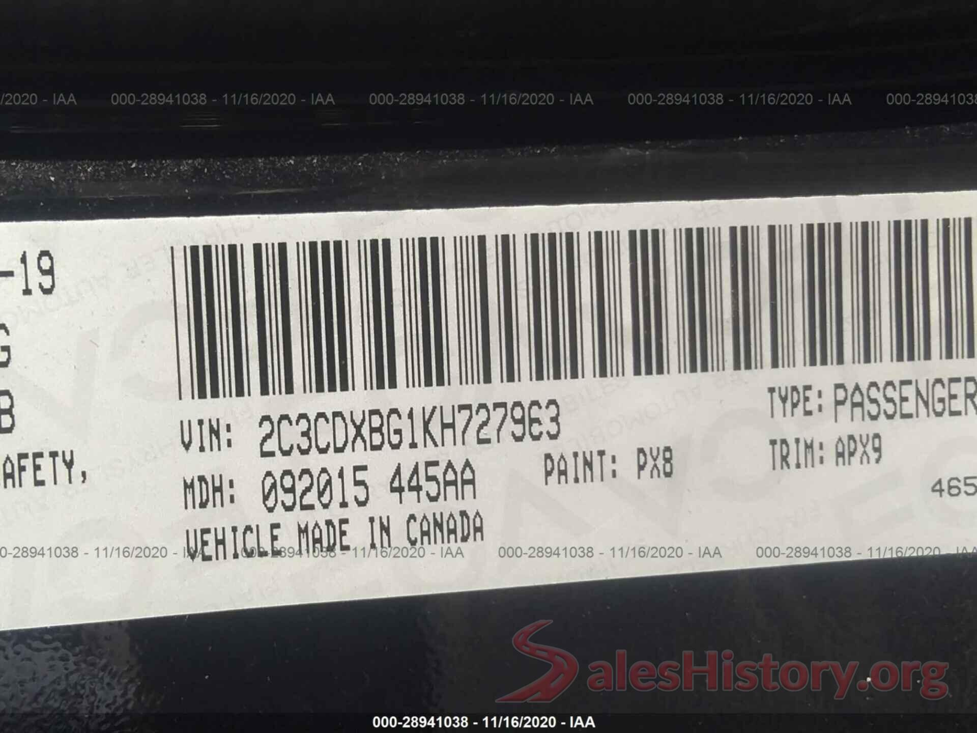 2C3CDXBG1KH727963 2019 DODGE CHARGER