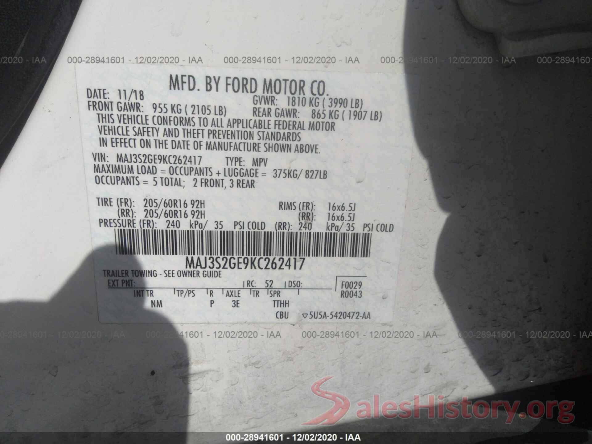 MAJ3S2GE9KC262417 2019 FORD ECOSPORT