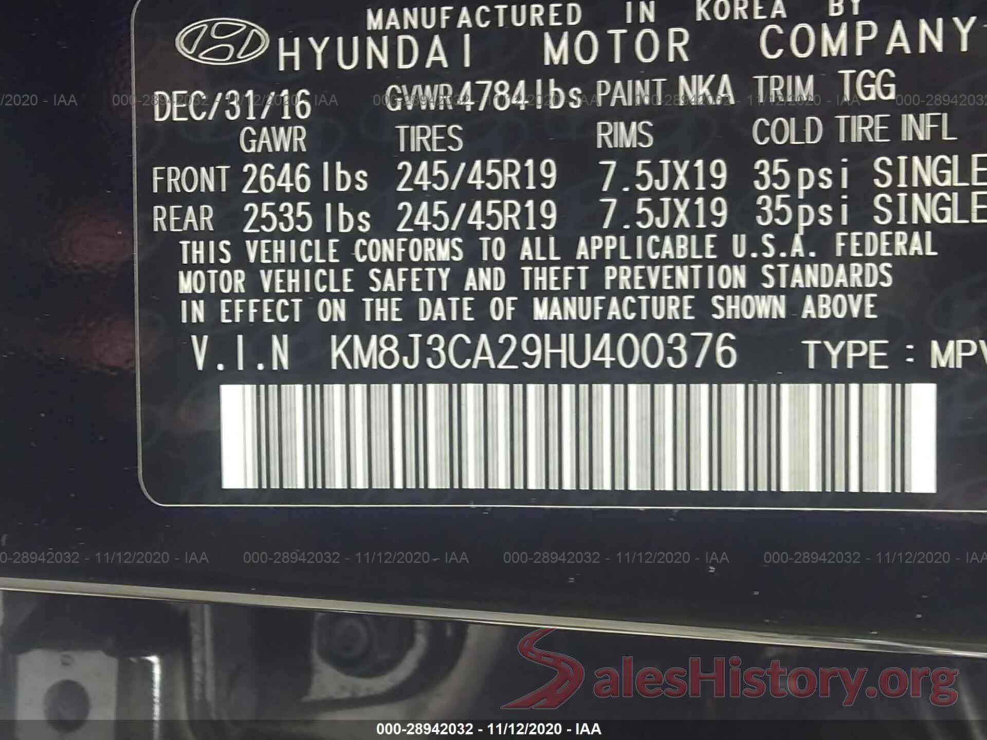 KM8J3CA29HU400376 2017 HYUNDAI TUCSON