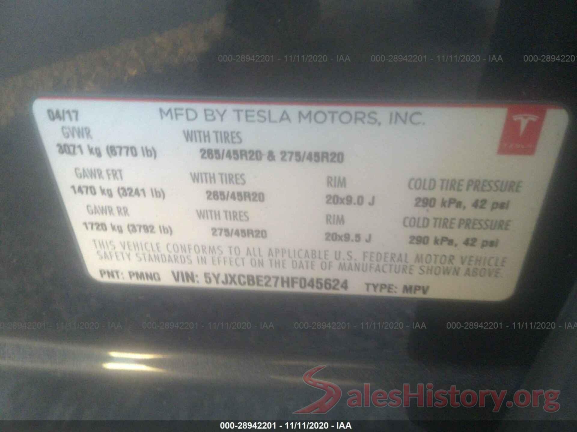 5YJXCBE27HF045624 2017 TESLA MODEL X