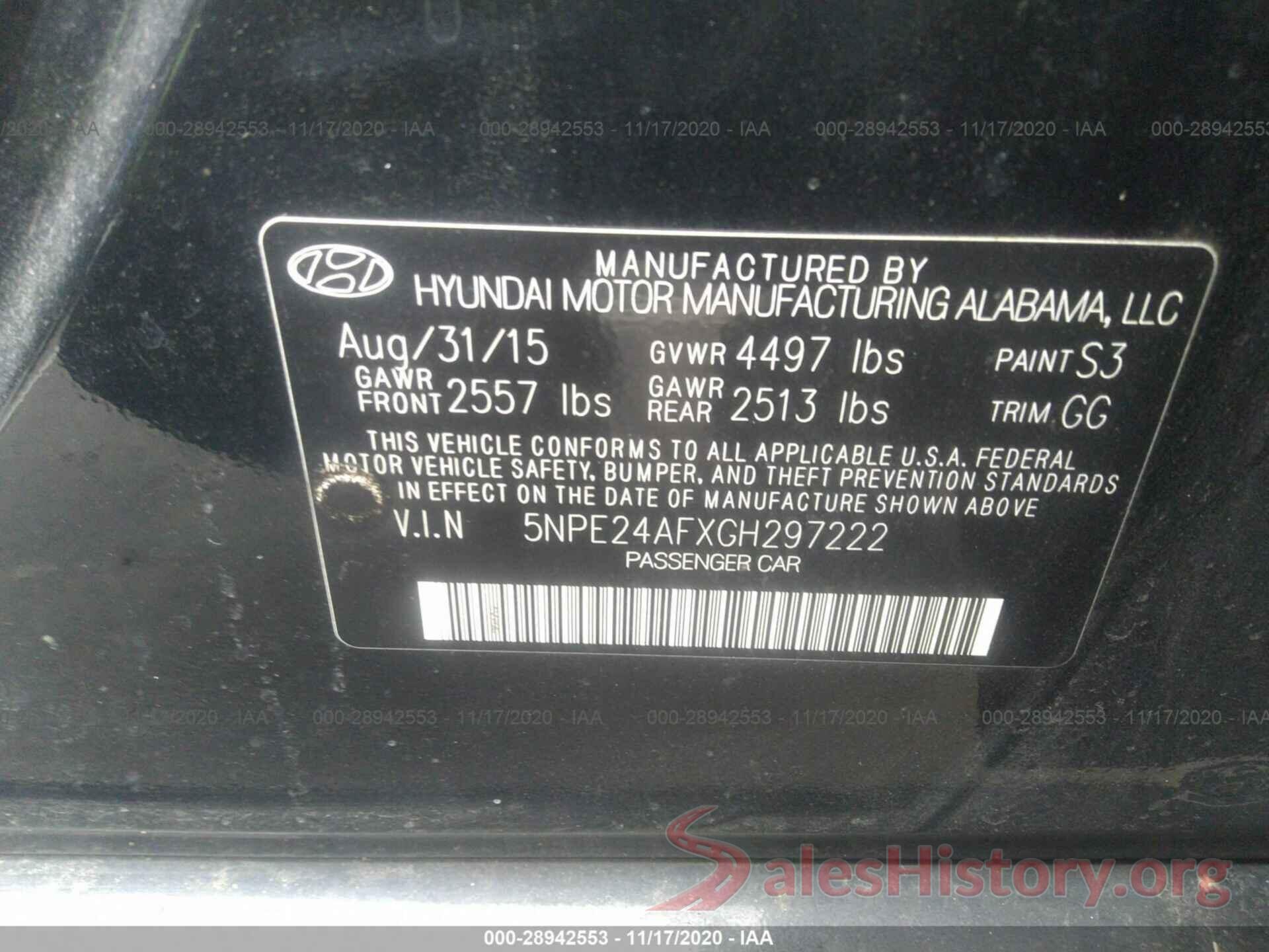 5NPE24AFXGH297222 2016 HYUNDAI SONATA