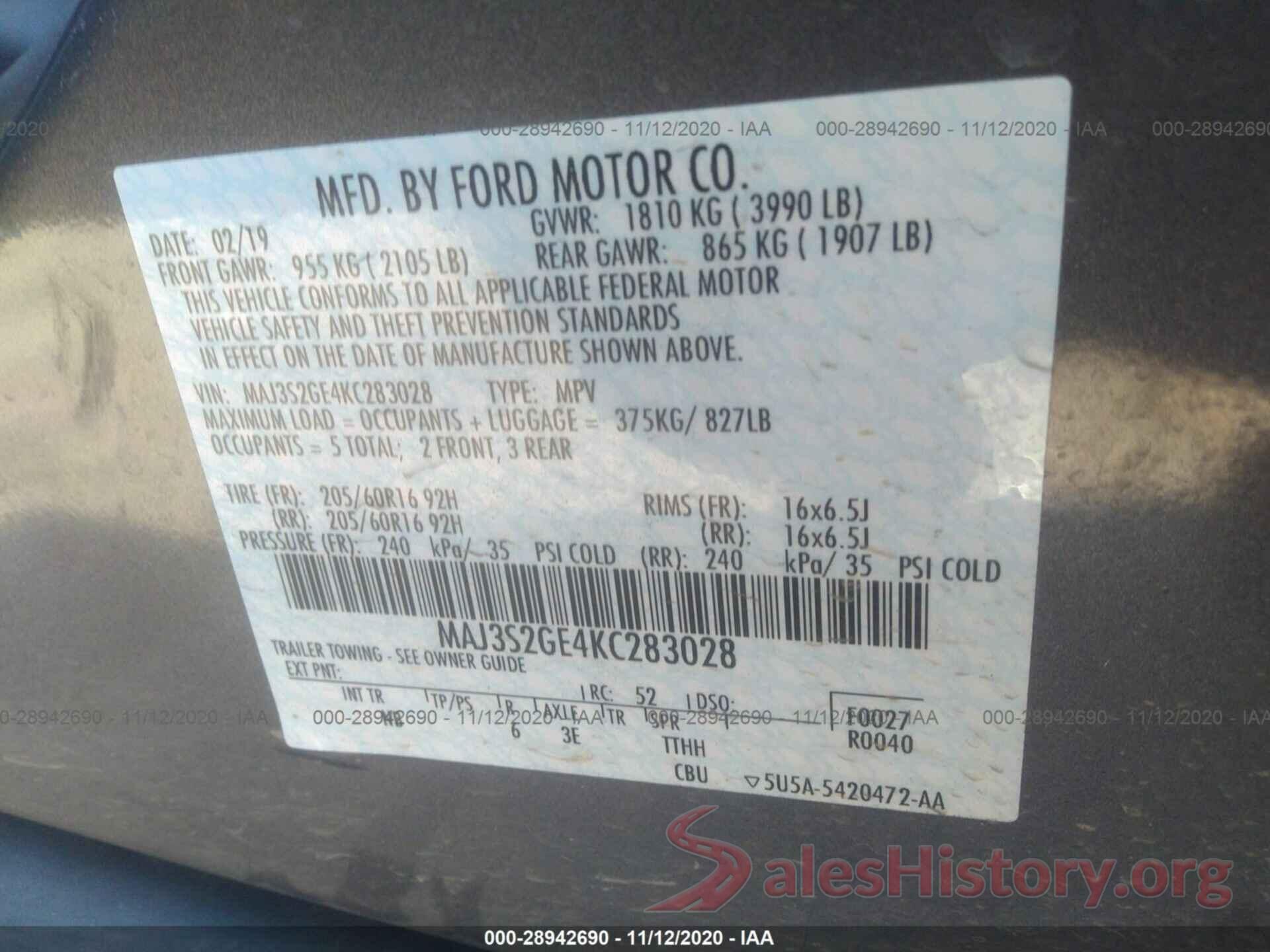 MAJ3S2GE4KC283028 2019 FORD ECOSPORT