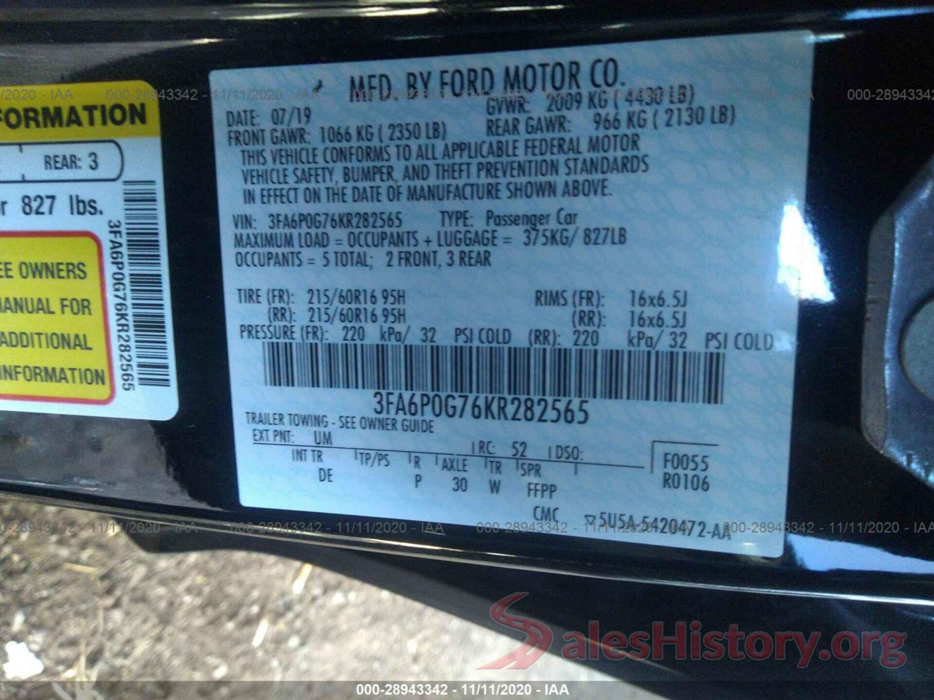 3FA6P0G76KR282565 2019 FORD FUSION