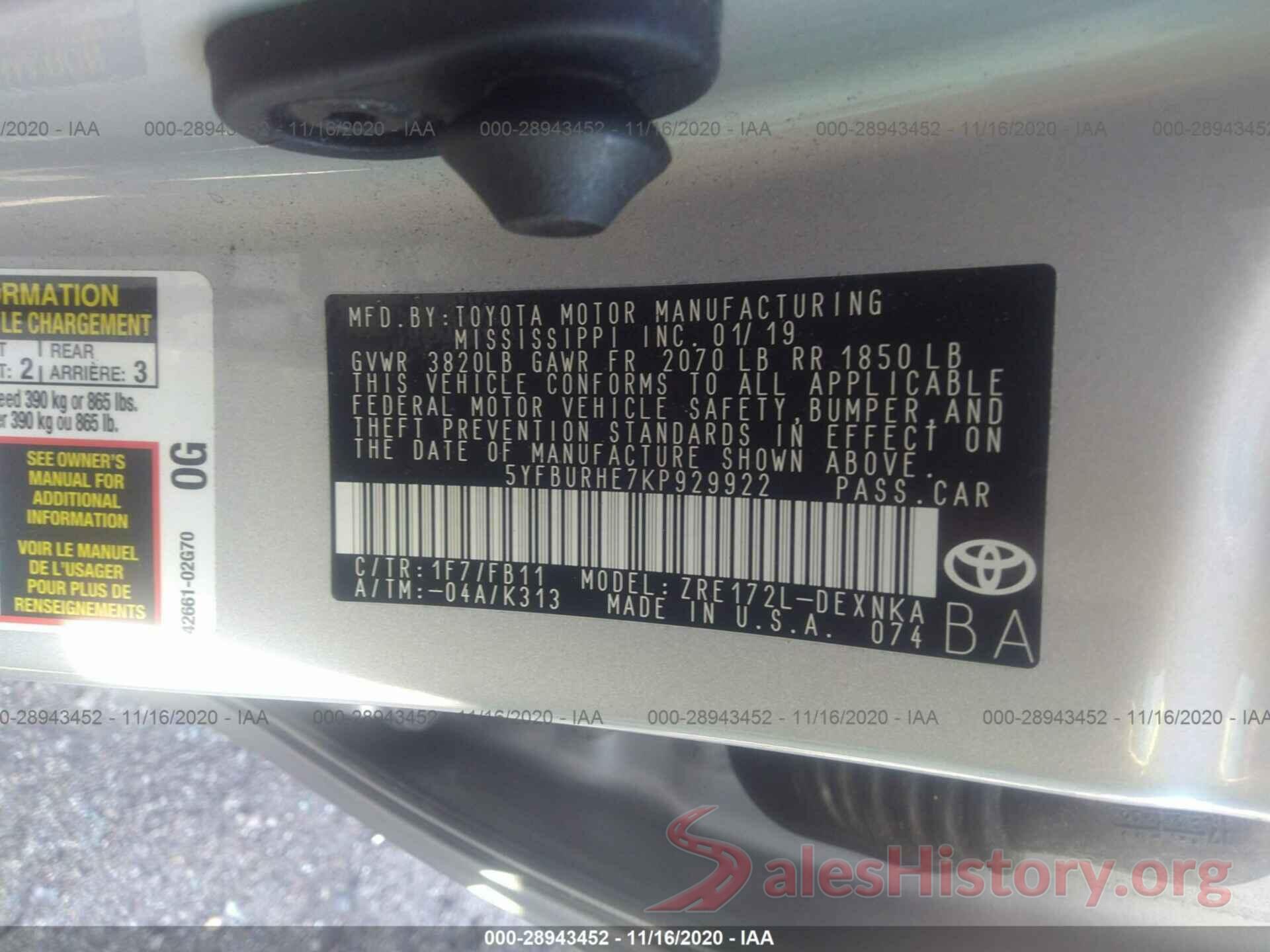 5YFBURHE7KP929922 2019 TOYOTA COROLLA