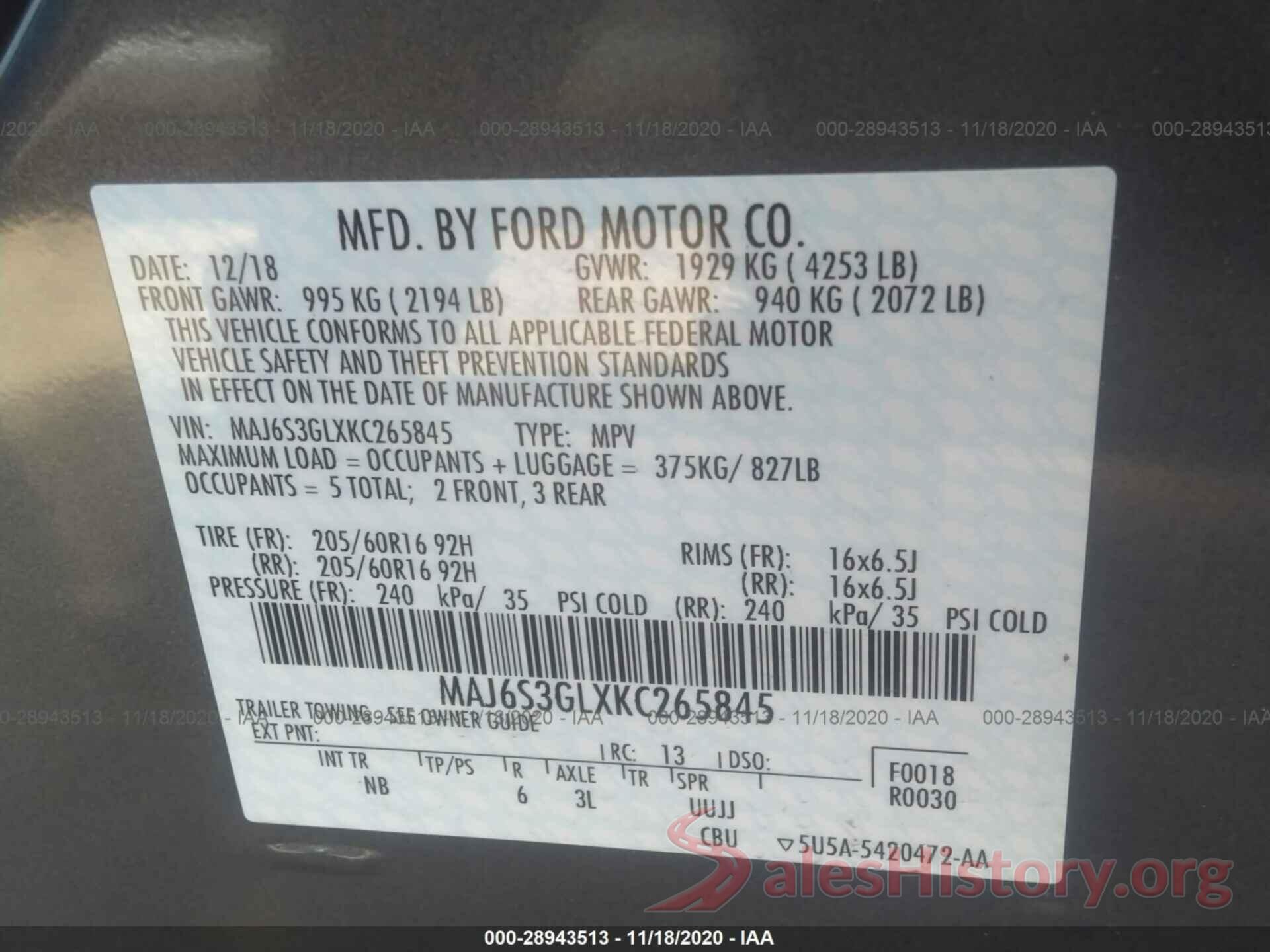 MAJ6S3GLXKC265845 2019 FORD ECOSPORT