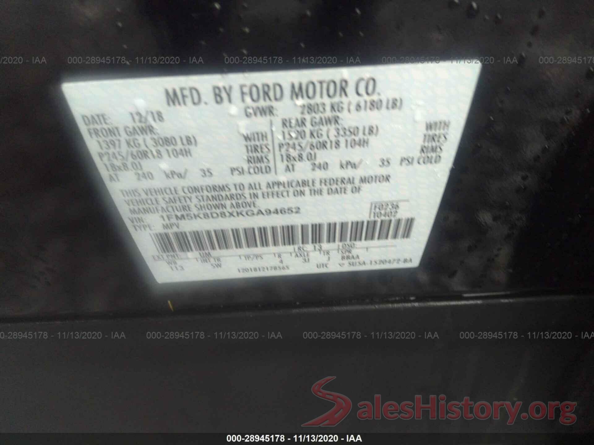 1FM5K8D8XKGA94652 2019 FORD EXPLORER