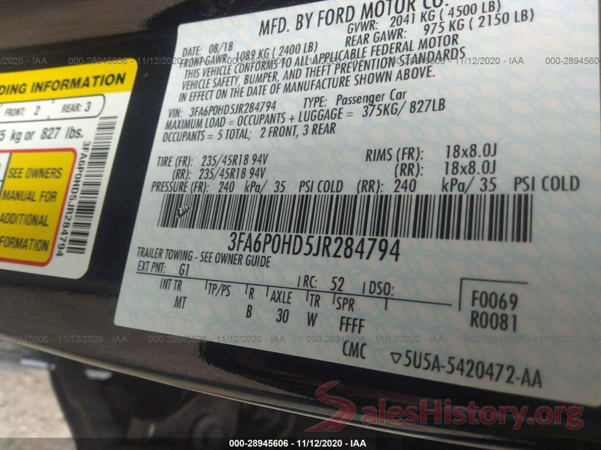 3FA6P0HD5JR284794 2018 FORD FUSION