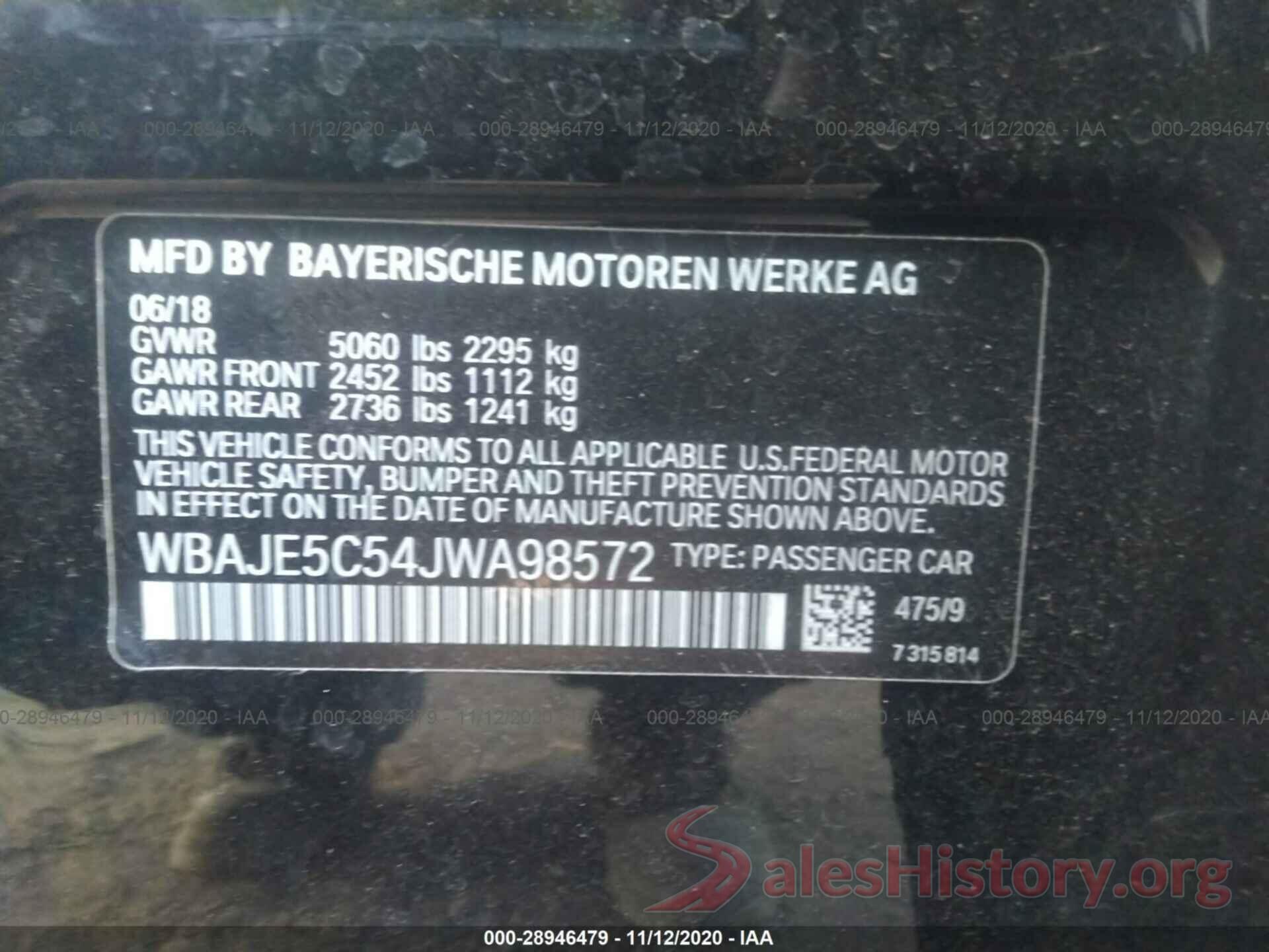 WBAJE5C54JWA98572 2018 BMW 5 SERIES