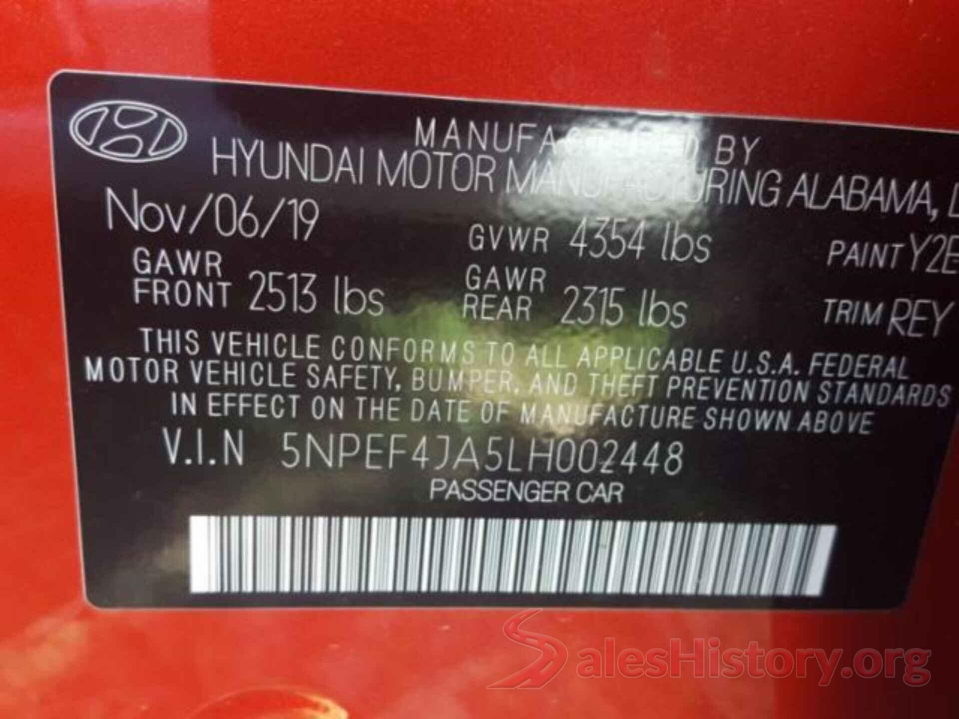 5NPEF4JA5LH002448 2020 HYUNDAI SONATA