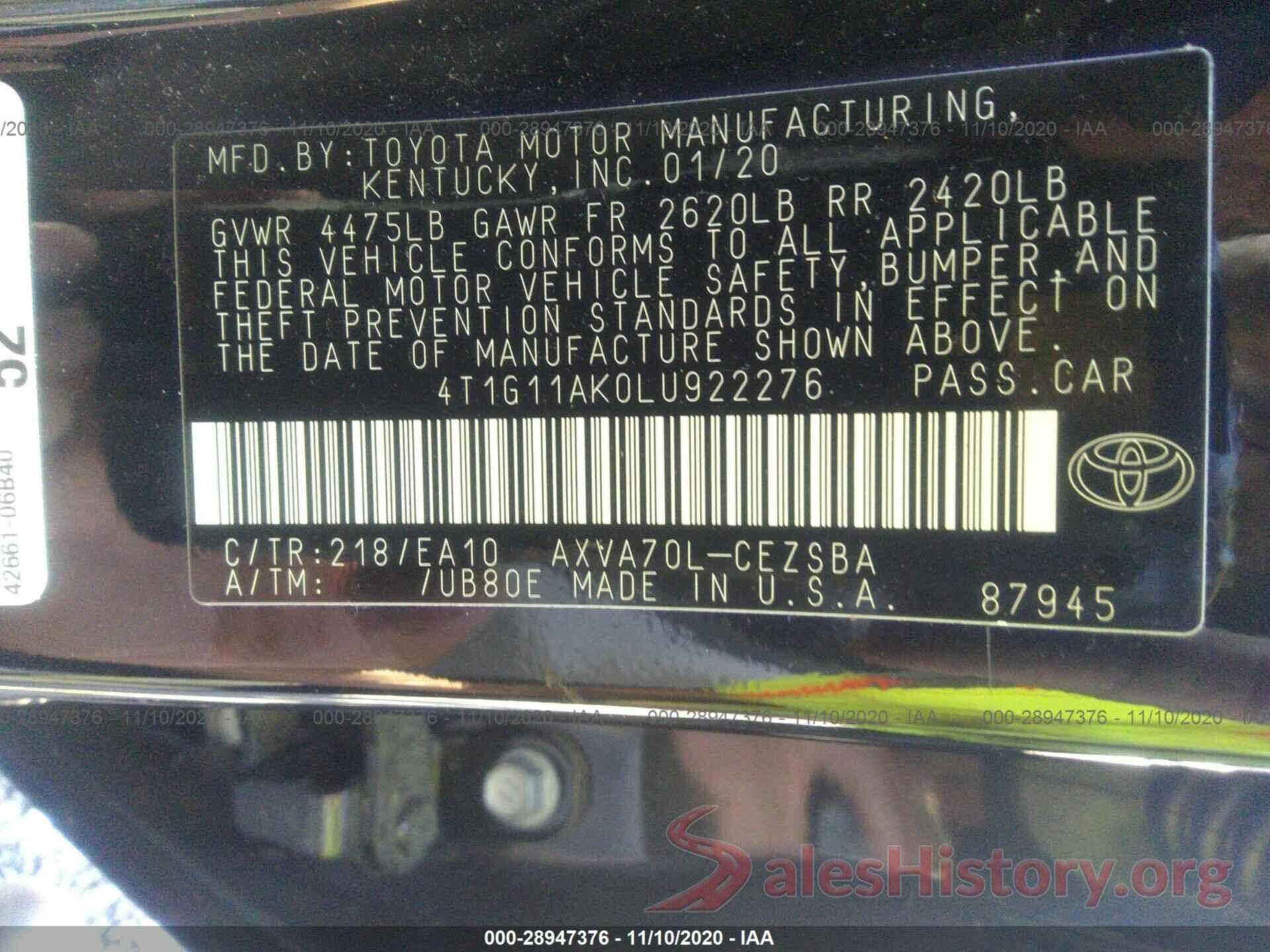 4T1G11AK0LU922276 2020 TOYOTA CAMRY