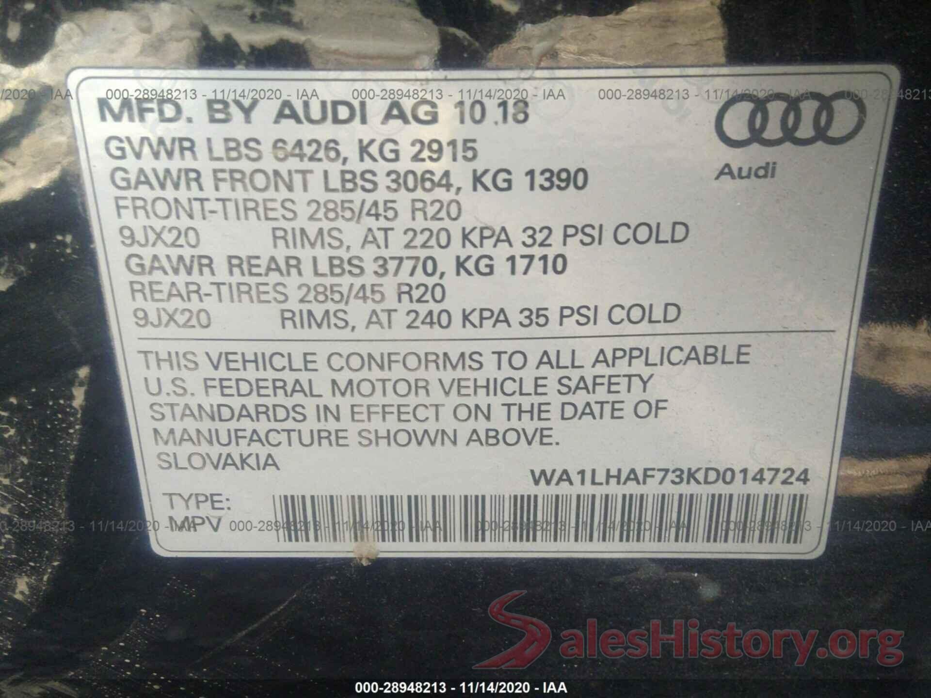 WA1LHAF73KD014724 2019 AUDI Q7