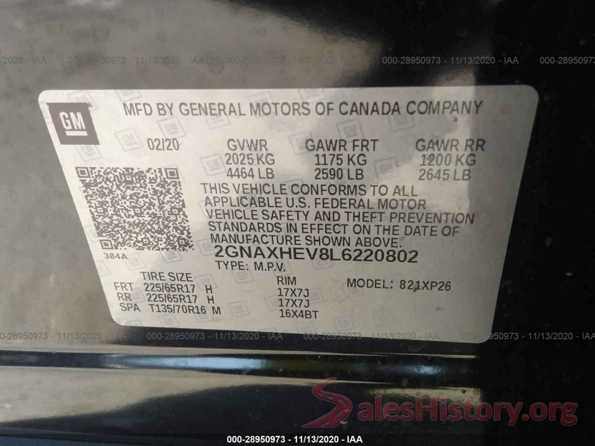 2GNAXHEV8L6220802 2020 CHEVROLET EQUINOX