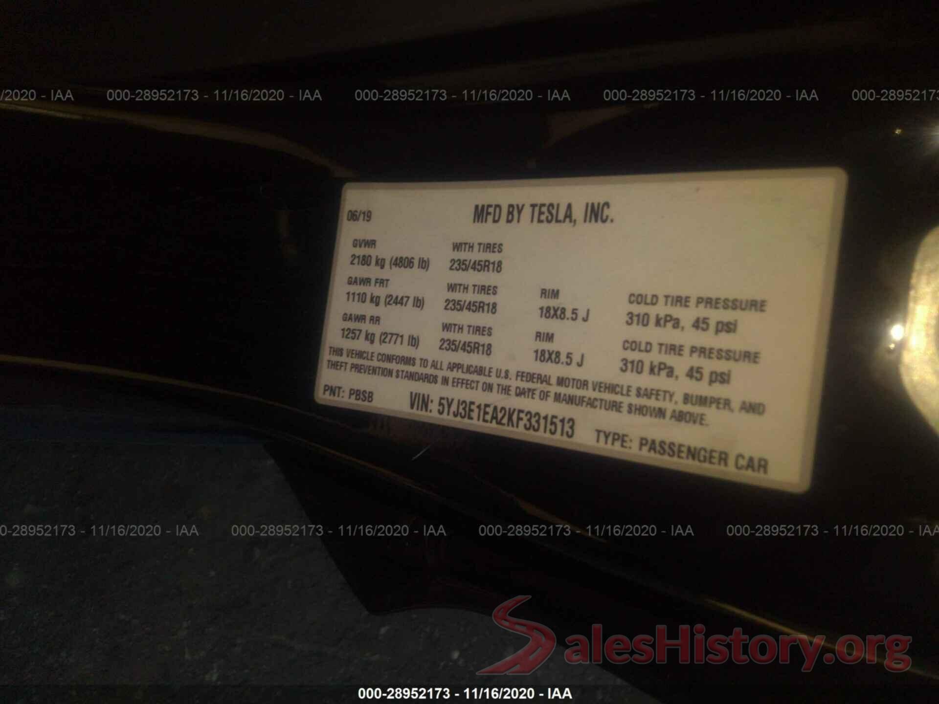 5YJ3E1EA2KF331513 2019 TESLA MODEL 3