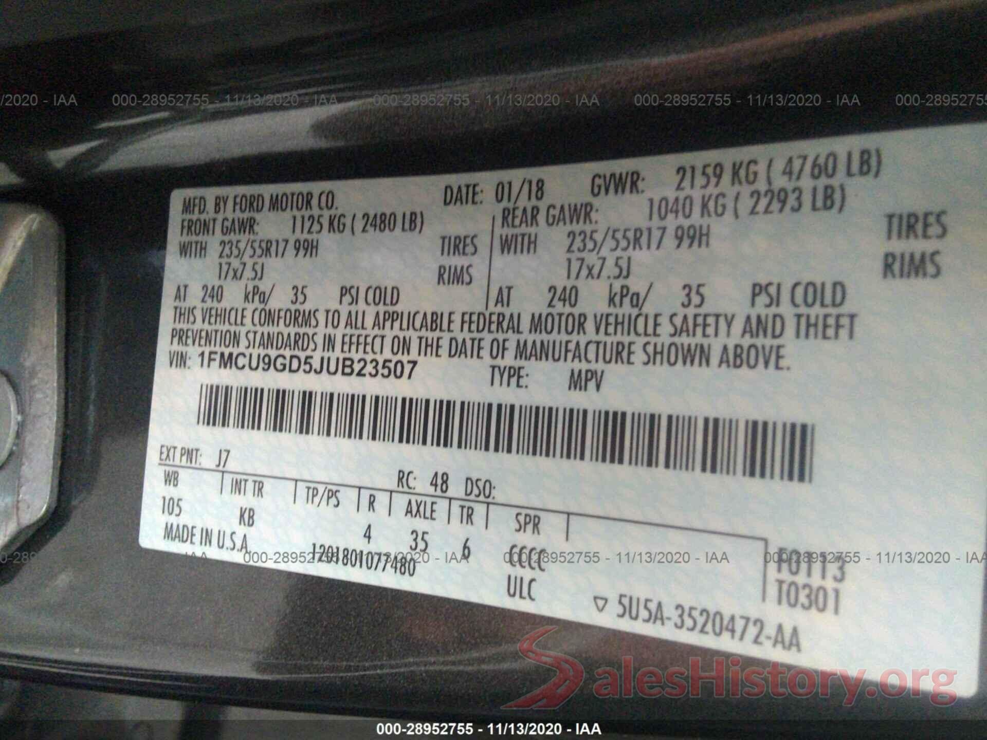 1FMCU9GD5JUB23507 2018 FORD ESCAPE