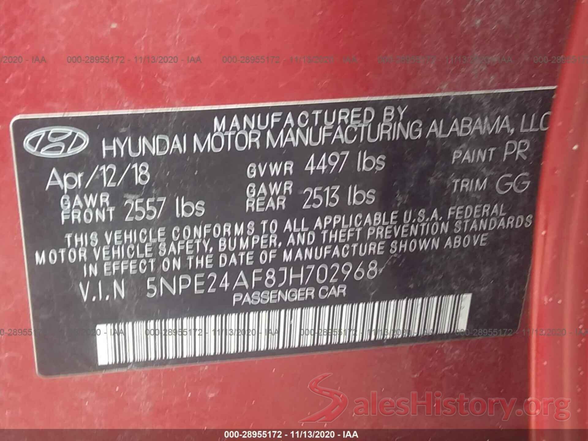 5NPE24AF8JH702968 2018 HYUNDAI SONATA