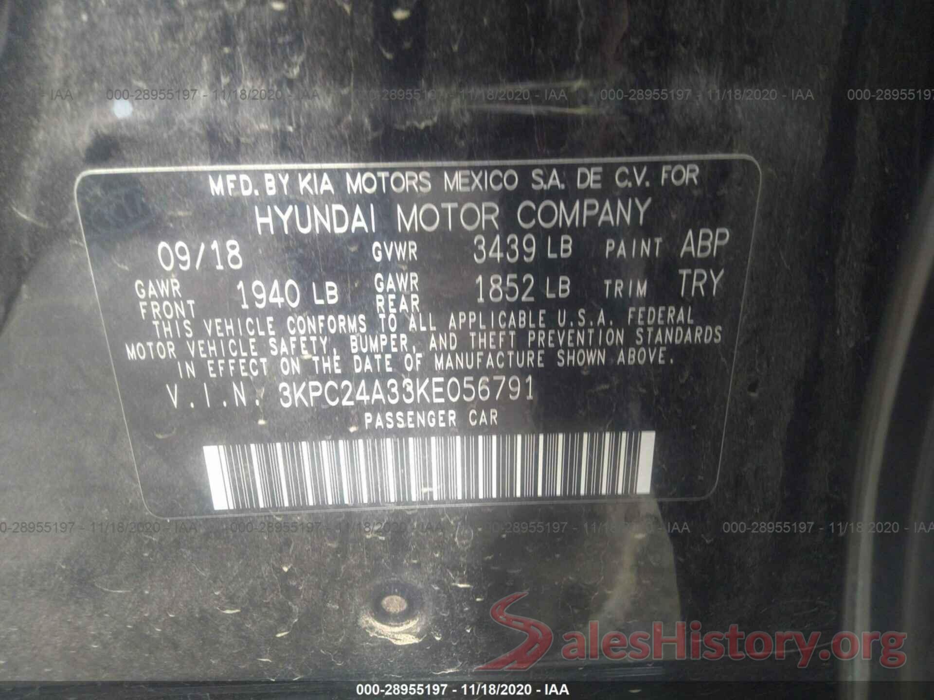 3KPC24A33KE056791 2019 HYUNDAI ACCENT