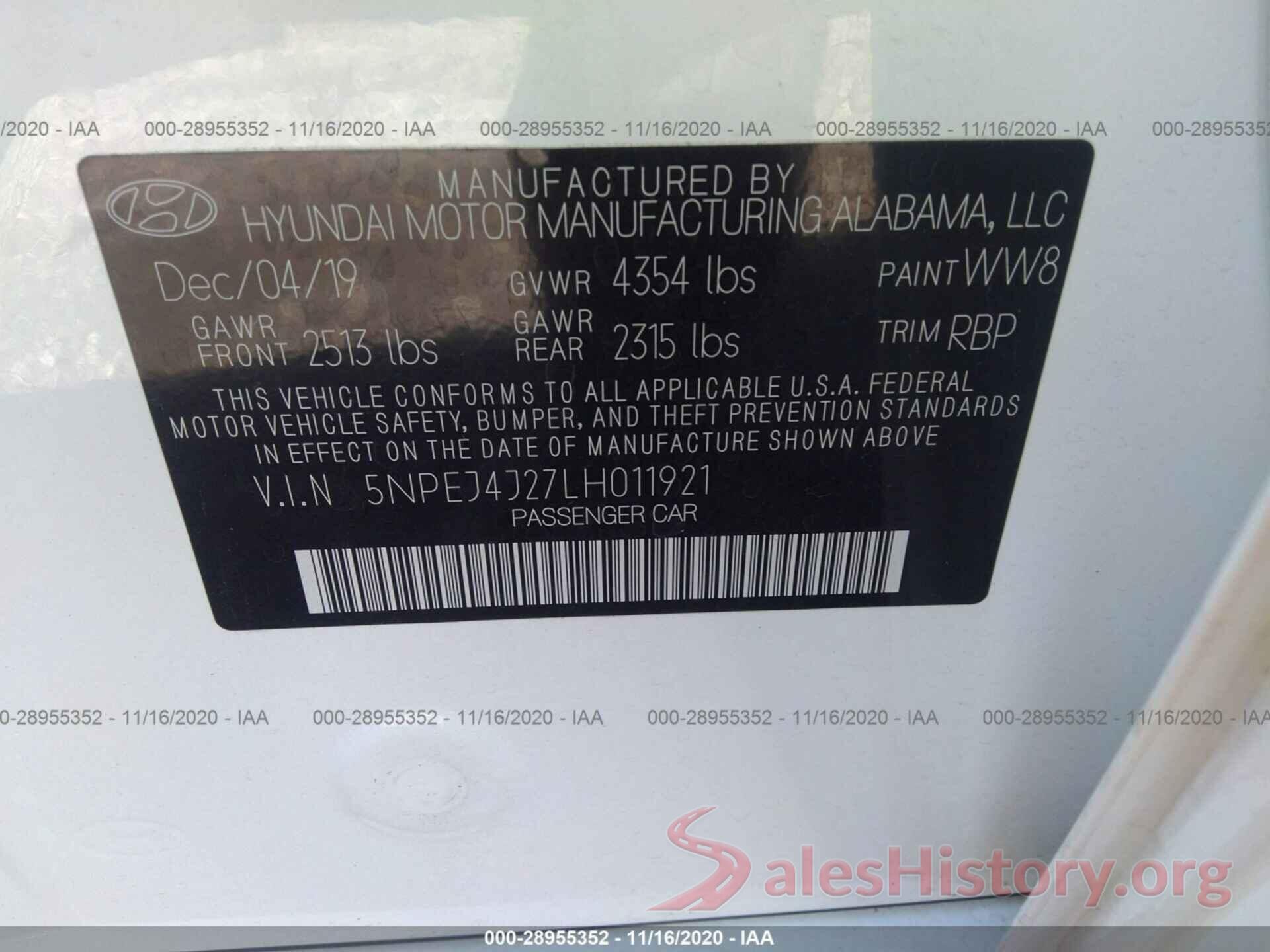 5NPEJ4J27LH011921 2020 HYUNDAI SONATA