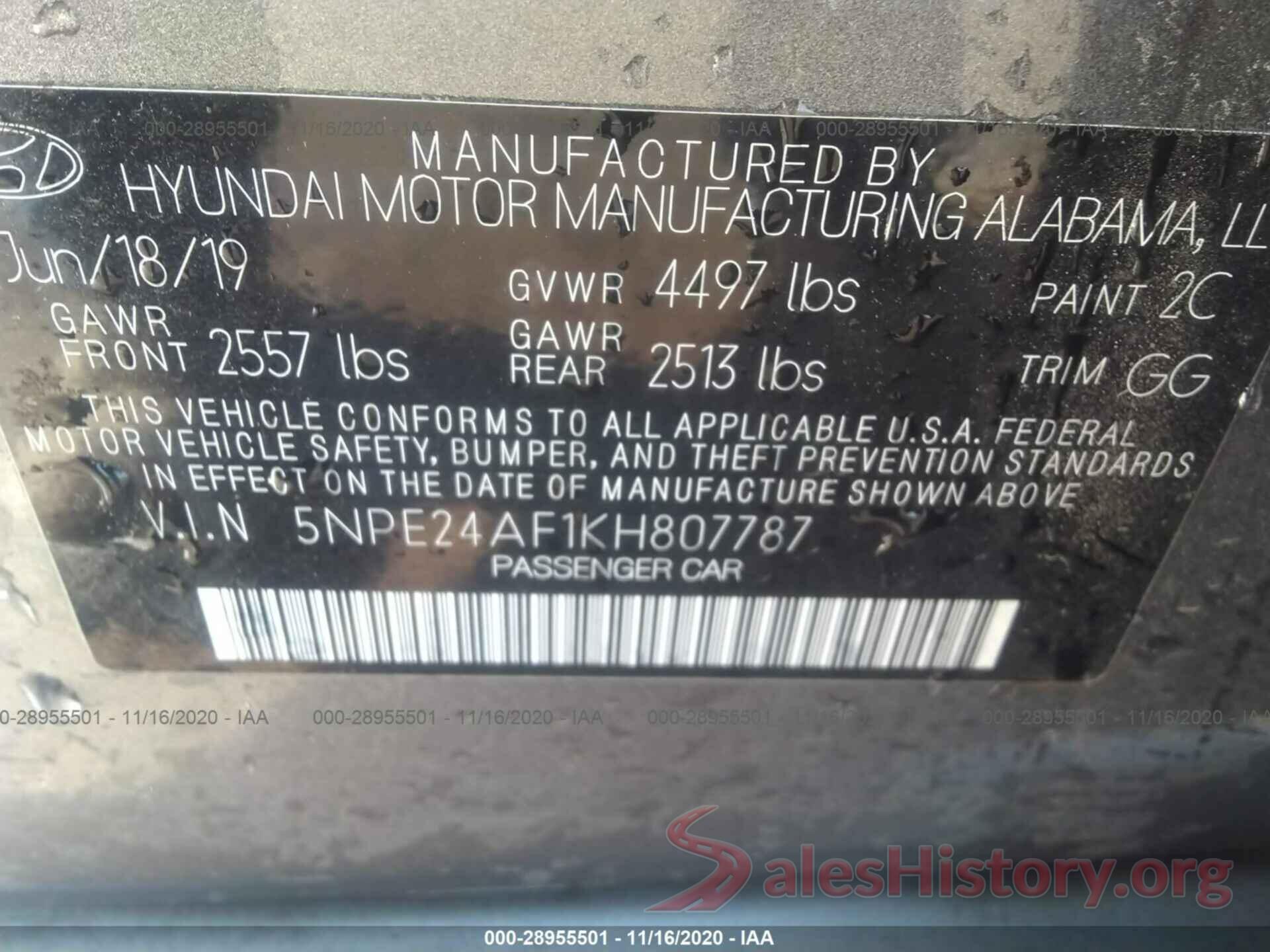 5NPE24AF1KH807787 2019 HYUNDAI SONATA