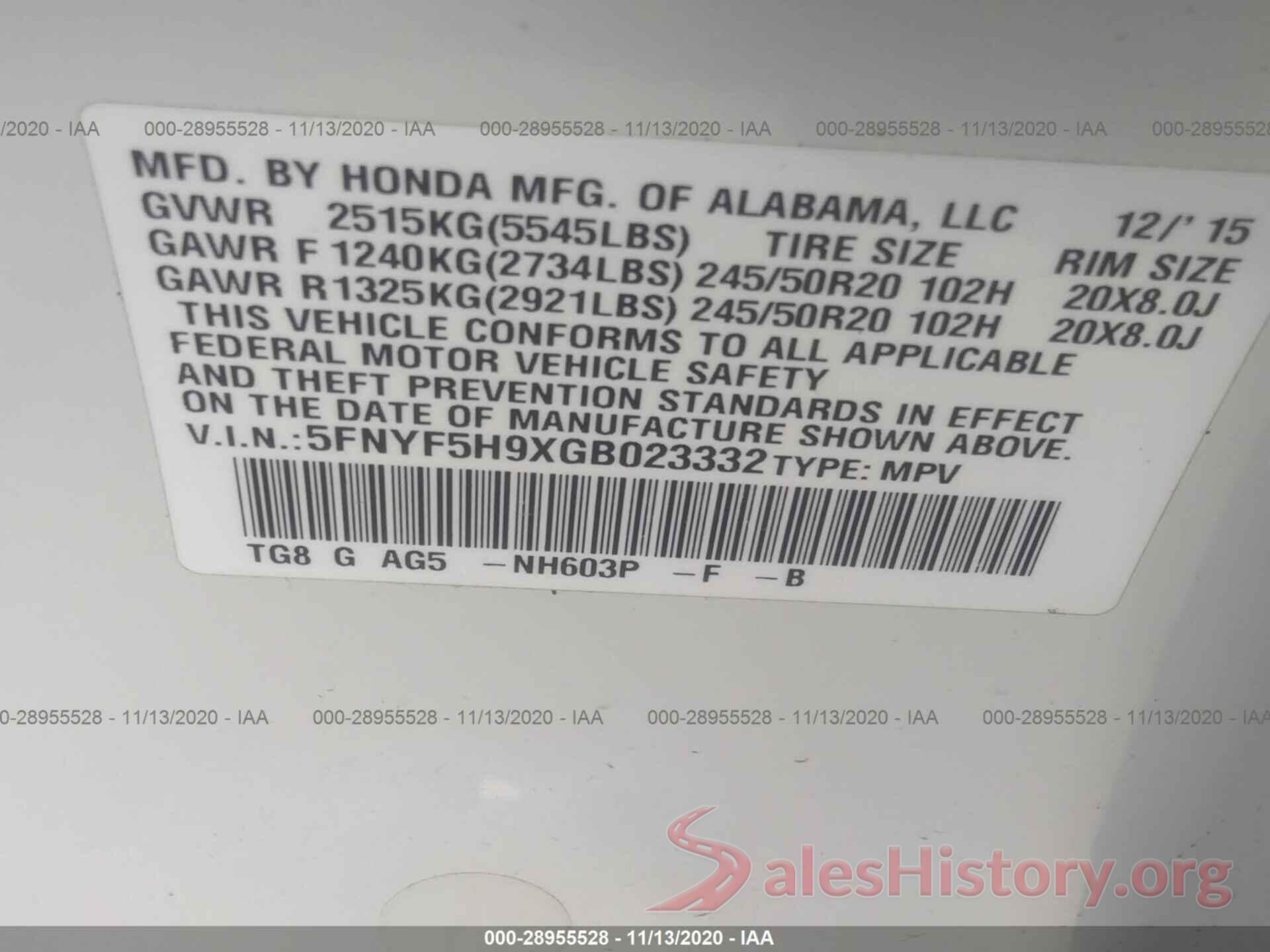 5FNYF5H9XGB023332 2016 HONDA PILOT