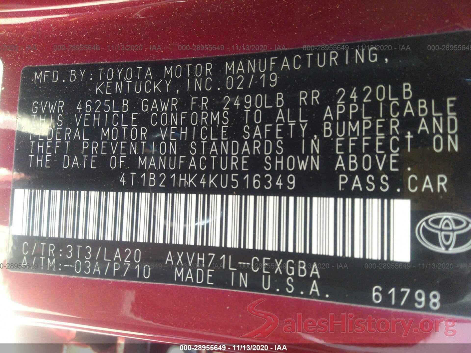 4T1B21HK4KU516349 2019 TOYOTA CAMRY