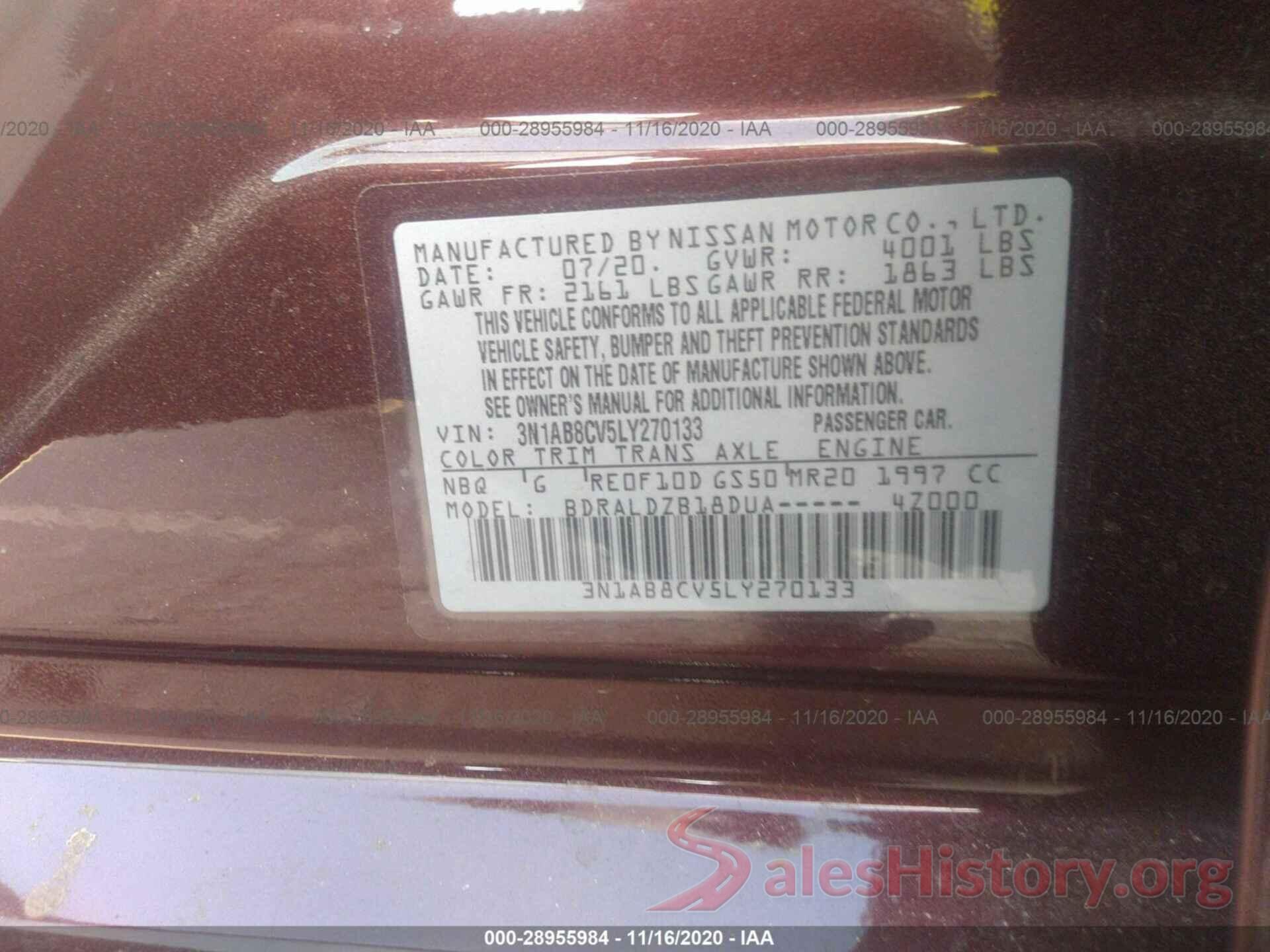 3N1AB8CV5LY270133 2020 NISSAN SENTRA