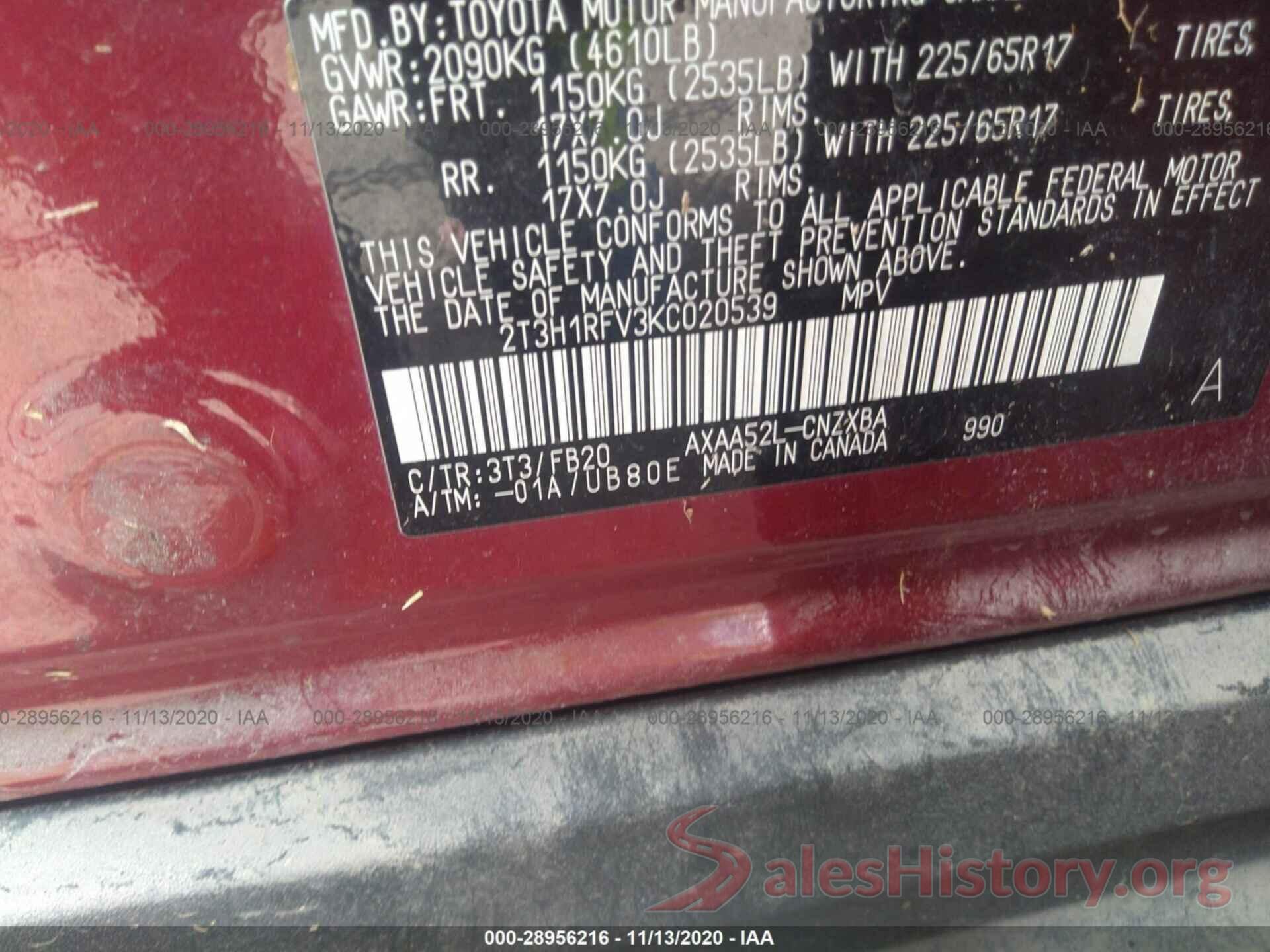 2T3H1RFV3KC020539 2019 TOYOTA RAV4