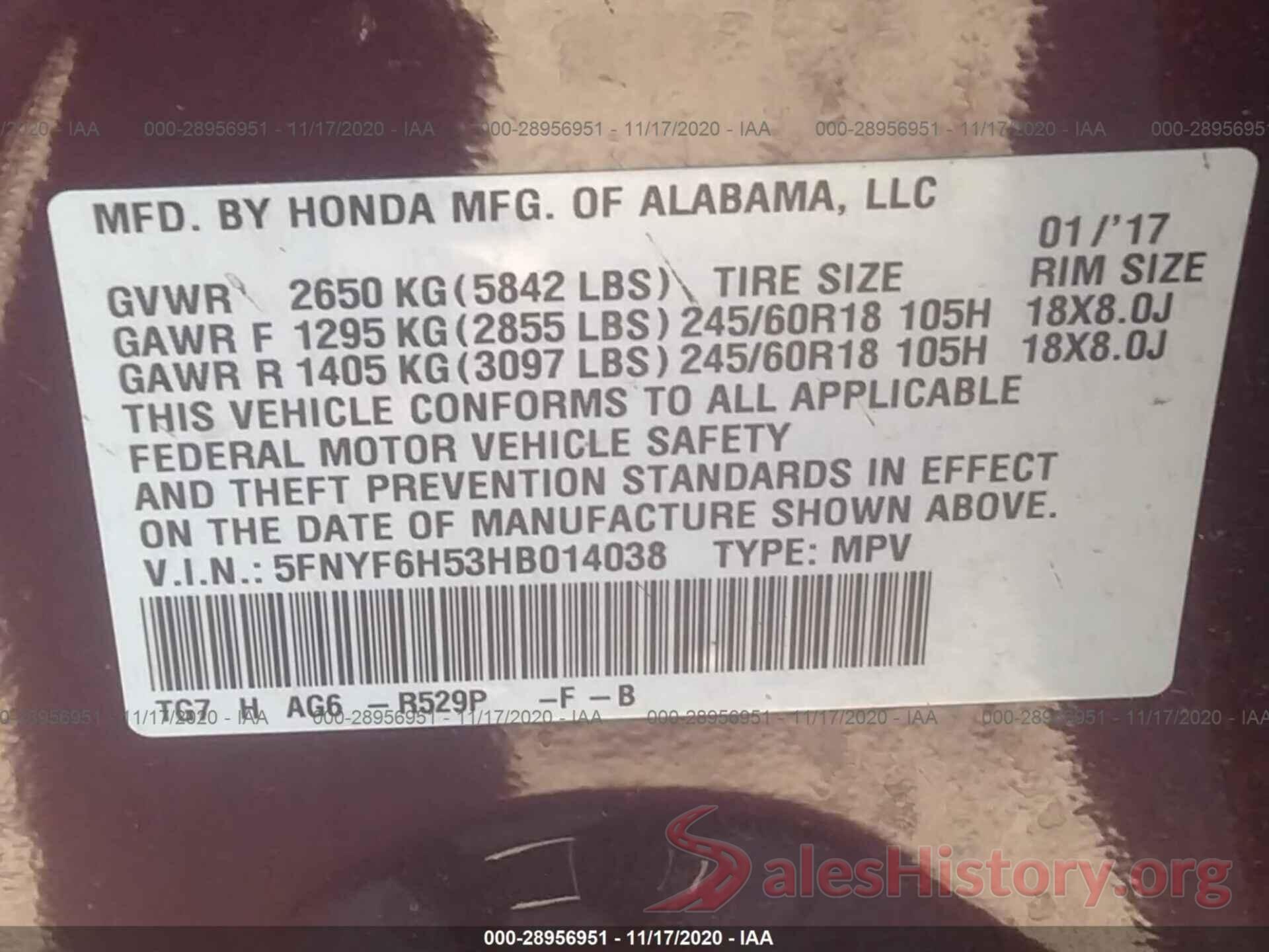 5FNYF6H53HB014038 2017 HONDA PILOT