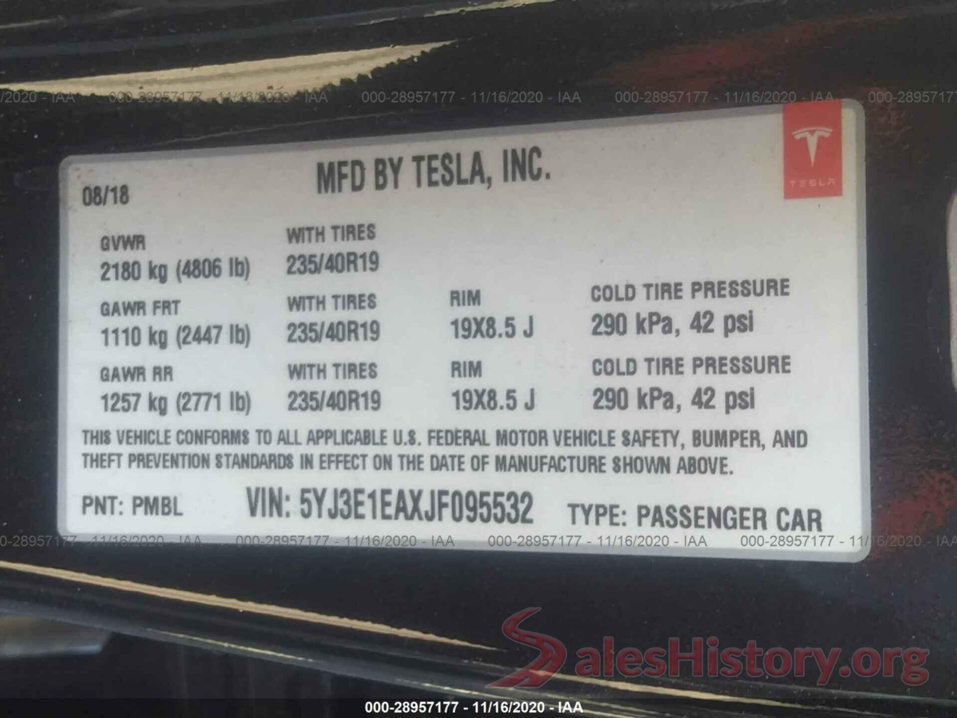 5YJ3E1EAXJF095532 2018 TESLA MODEL 3