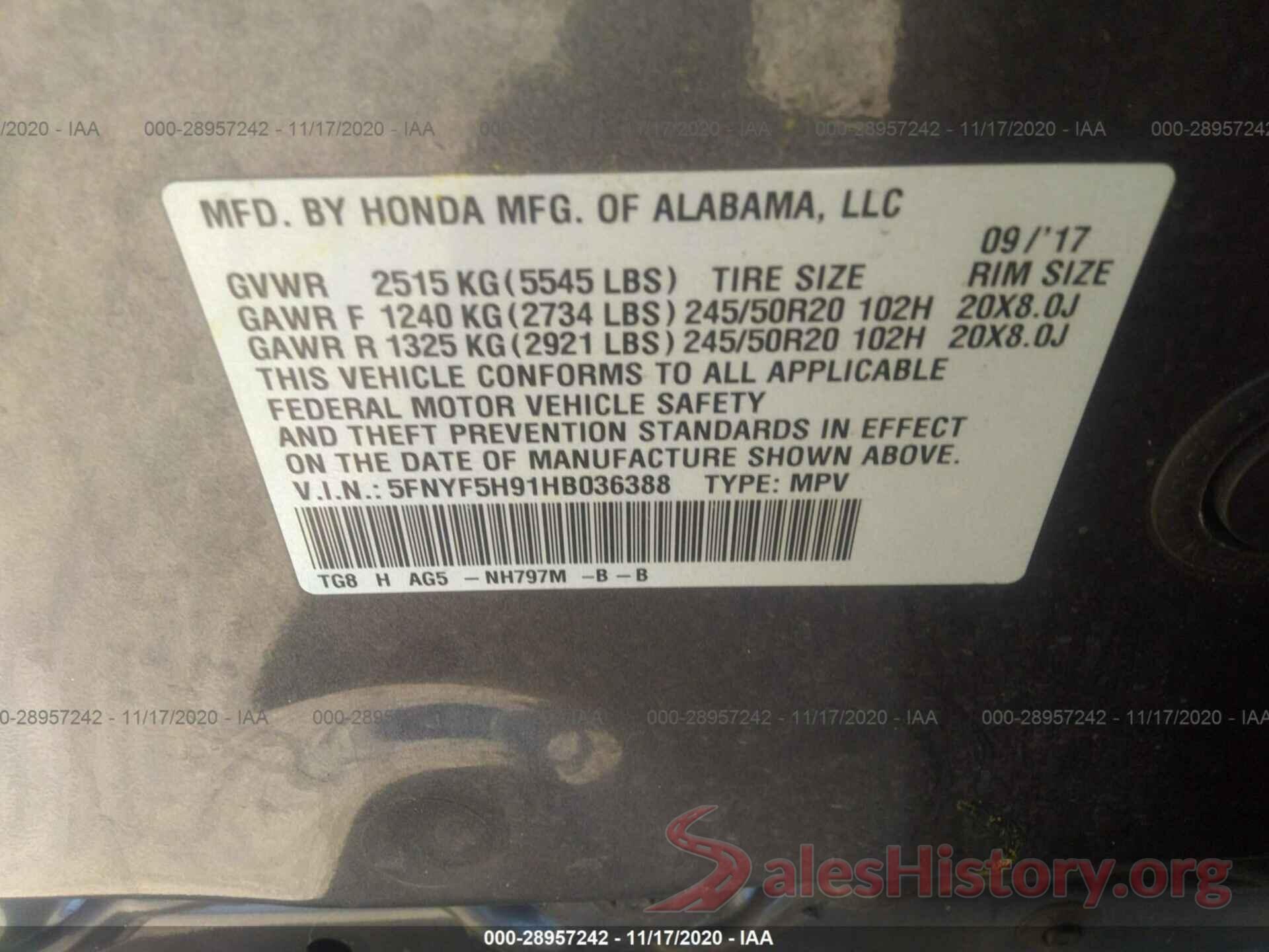 5FNYF5H91HB036388 2017 HONDA PILOT