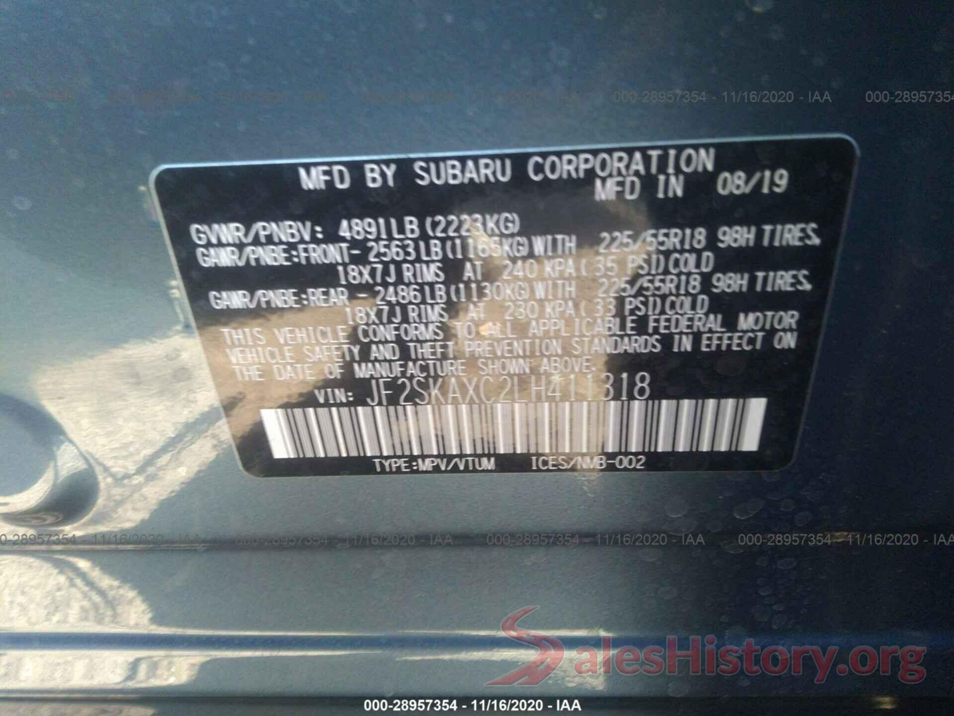 JF2SKAXC2LH411318 2020 SUBARU FORESTER