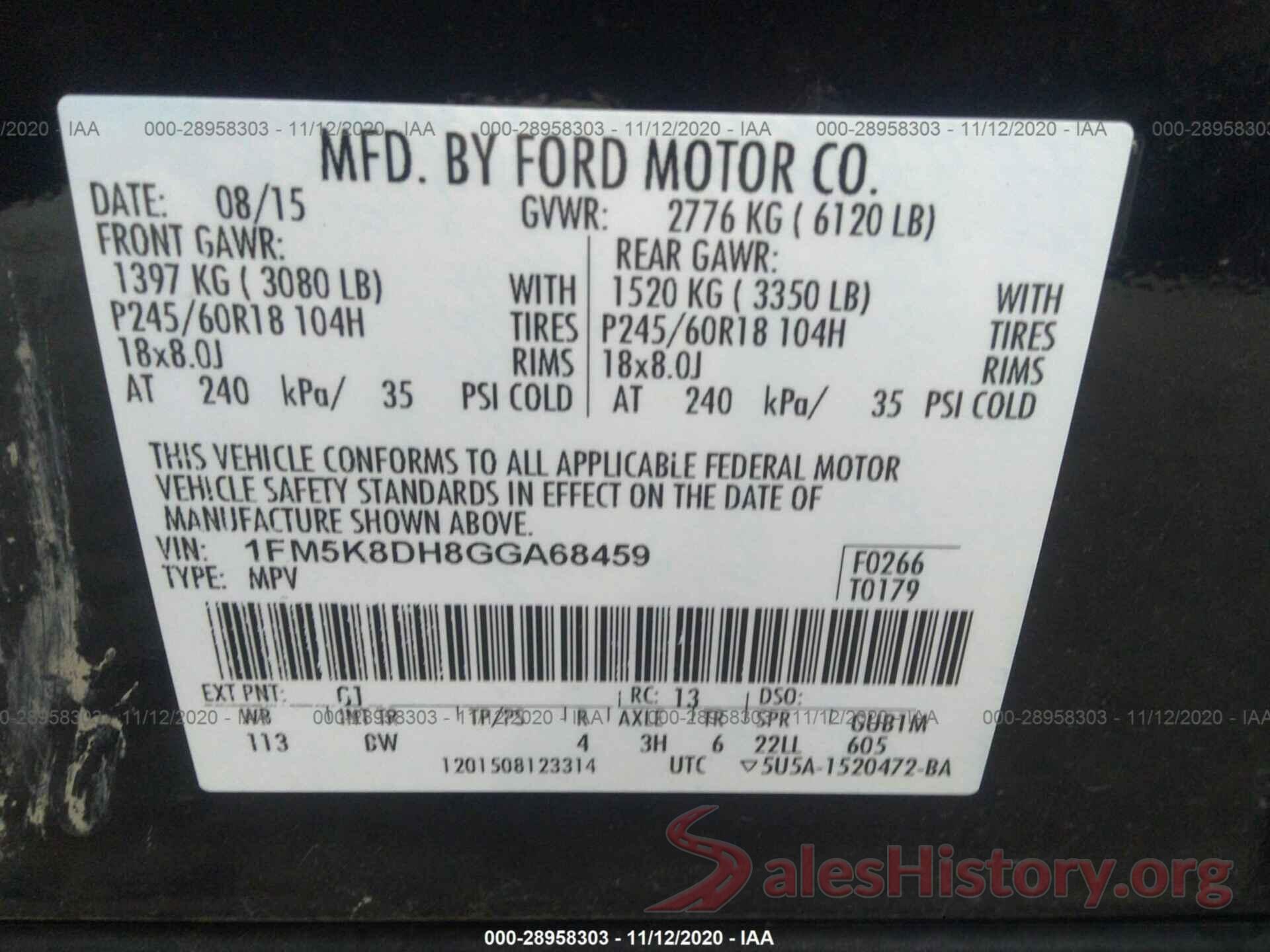 1FM5K8DH8GGA68459 2016 FORD EXPLORER