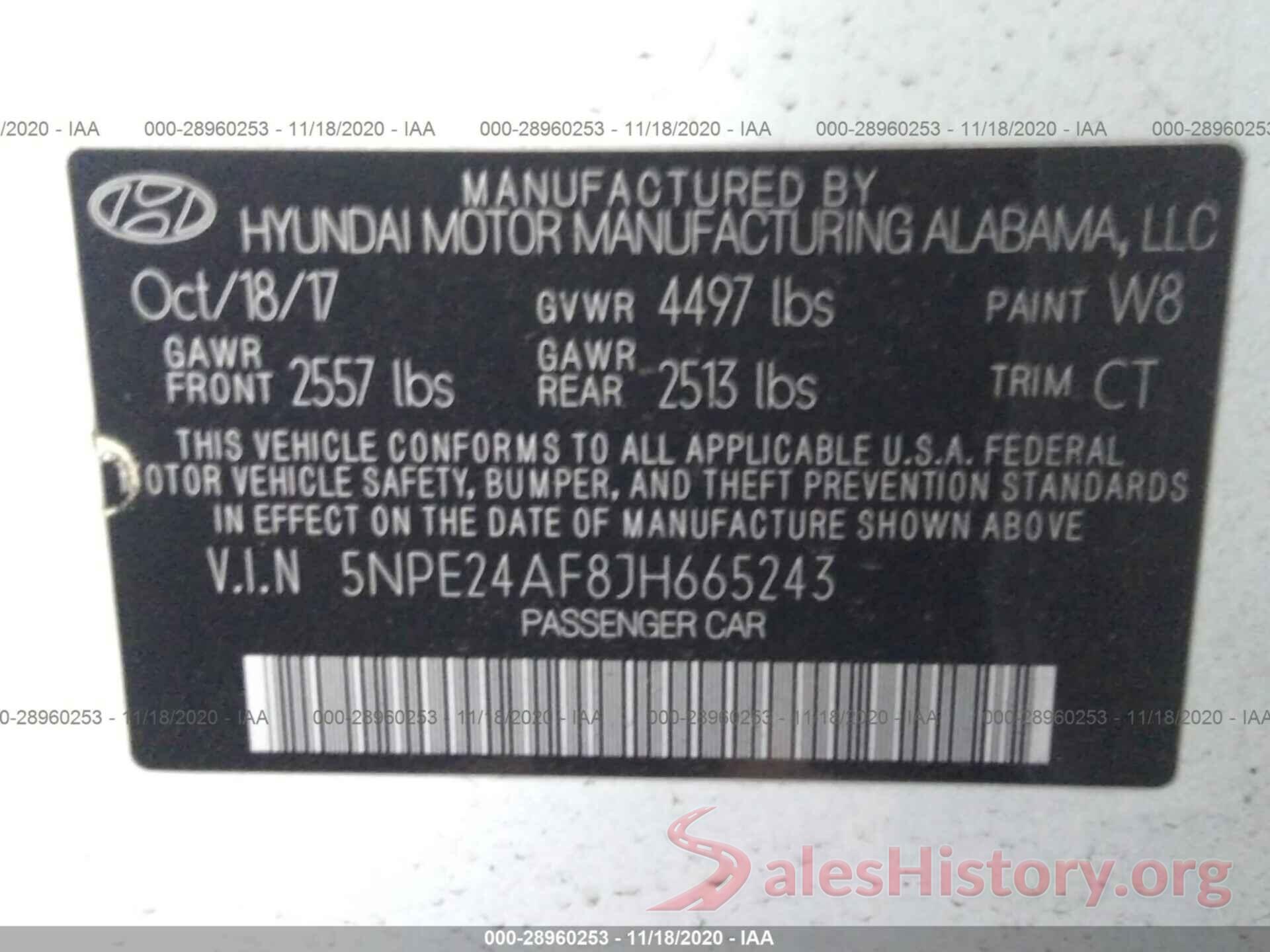 5NPE24AF8JH665243 2018 HYUNDAI SONATA