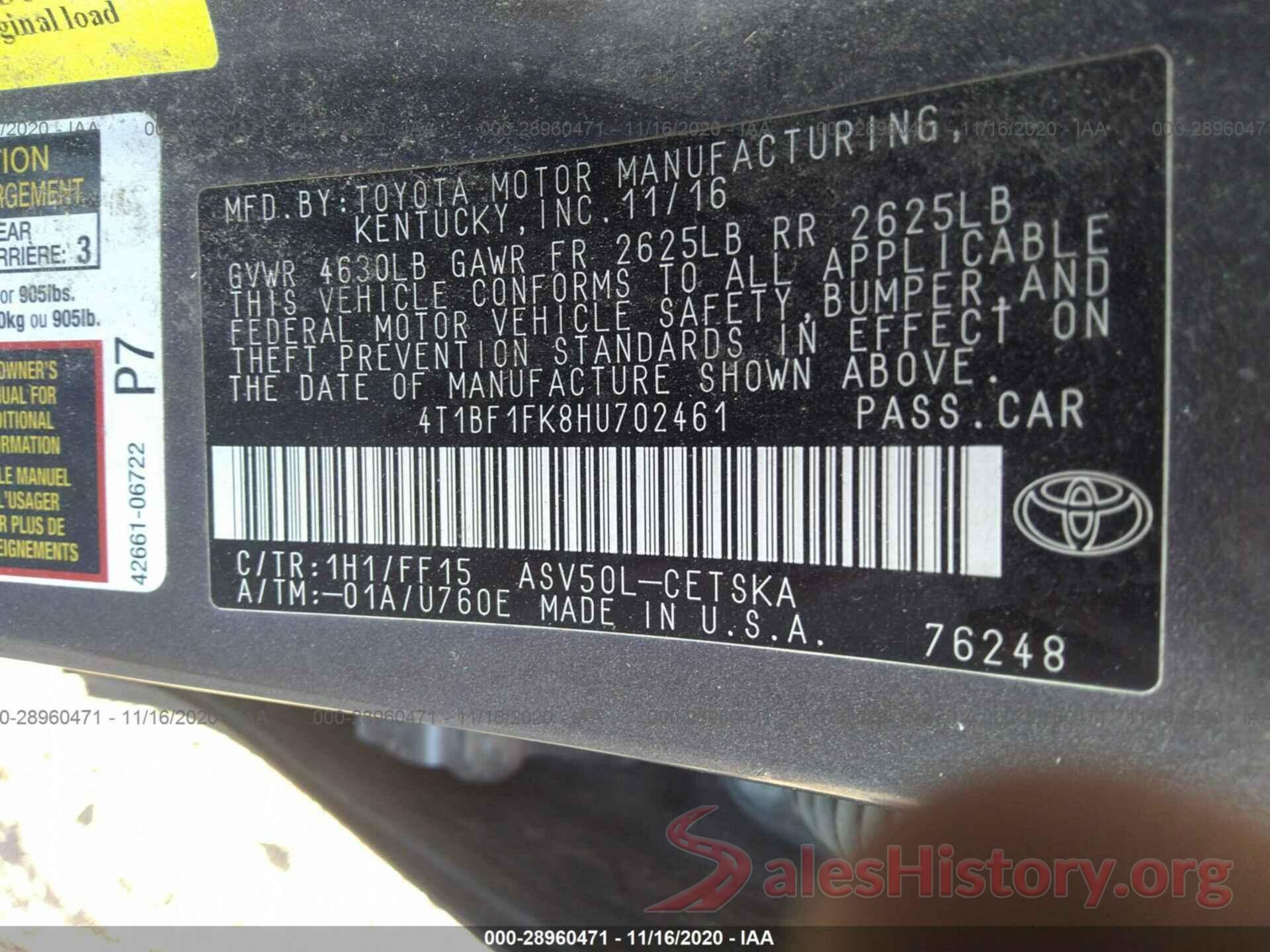 4T1BF1FK8HU702461 2017 TOYOTA CAMRY