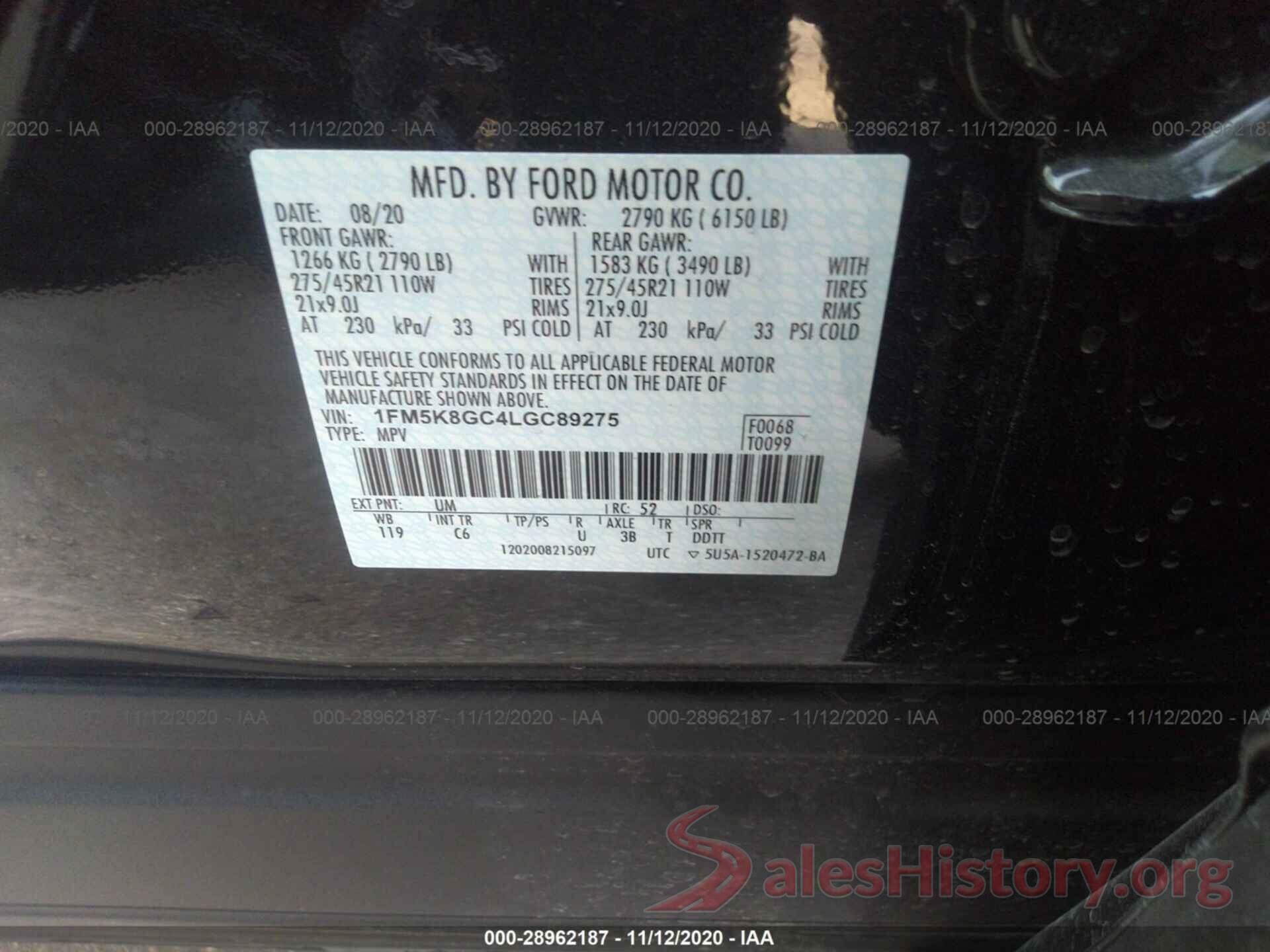 1FM5K8GC4LGC89275 2020 FORD EXPLORER