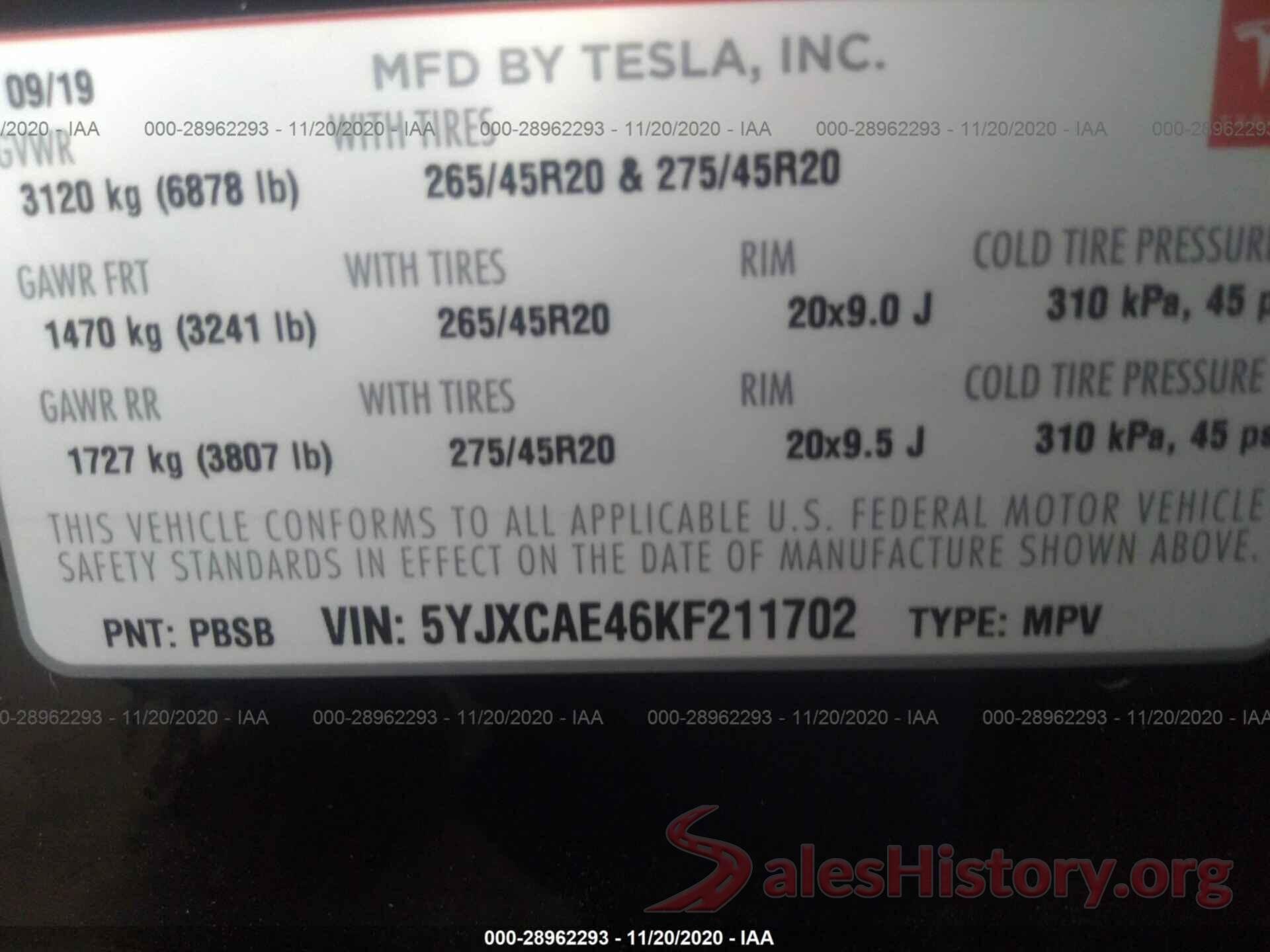 5YJXCAE46KF211702 2019 TESLA MODEL X