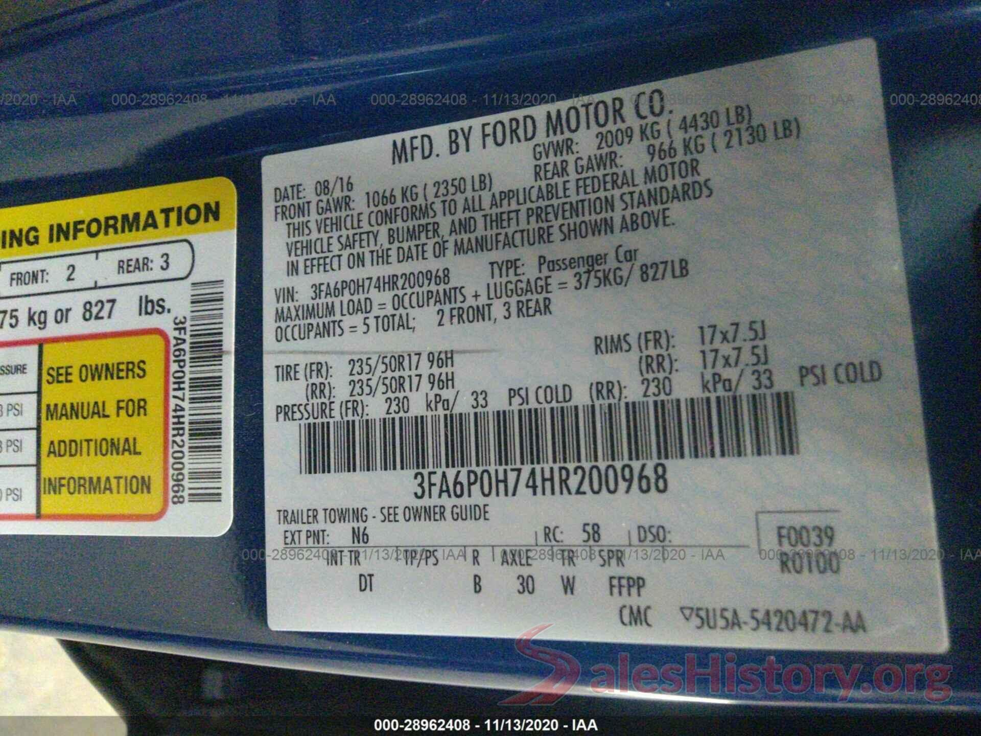 3FA6P0H74HR200968 2017 FORD FUSION