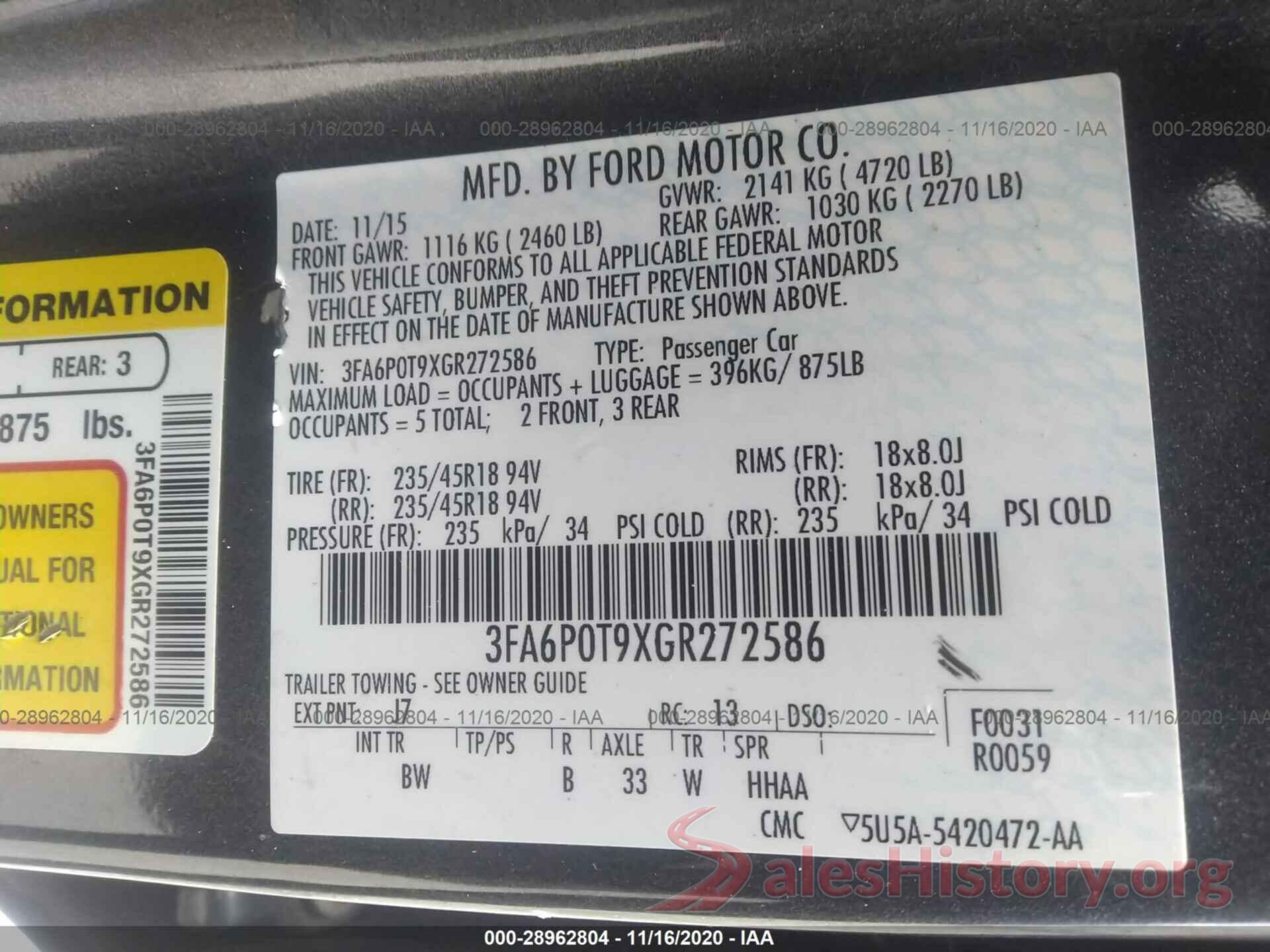 3FA6P0T9XGR272586 2016 FORD FUSION