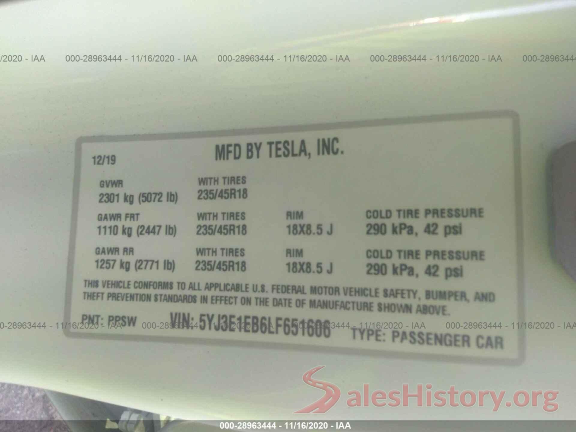 5YJ3E1EB6LF651606 2020 TESLA MODEL 3