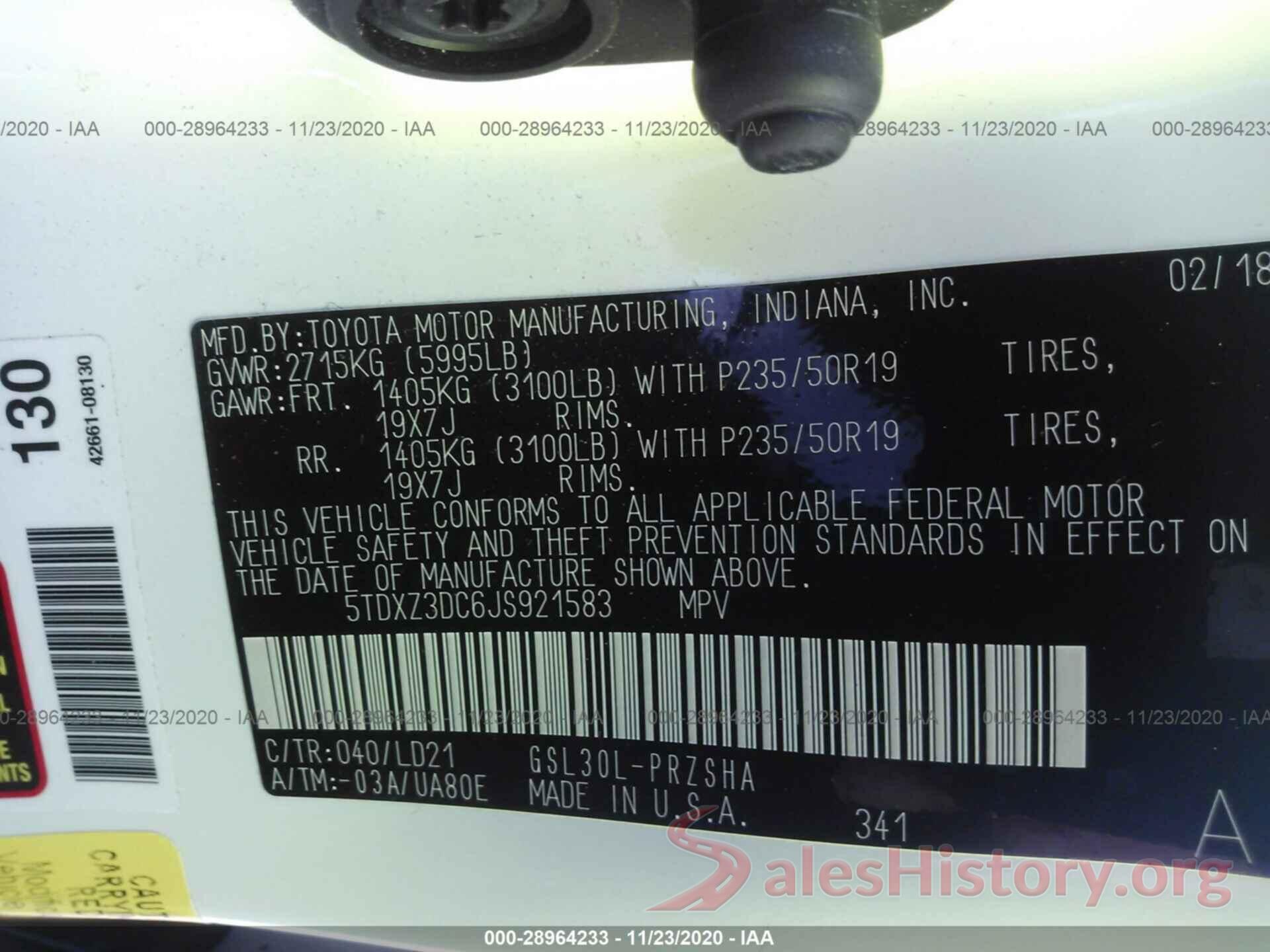 5TDXZ3DC6JS921583 2018 TOYOTA SIENNA