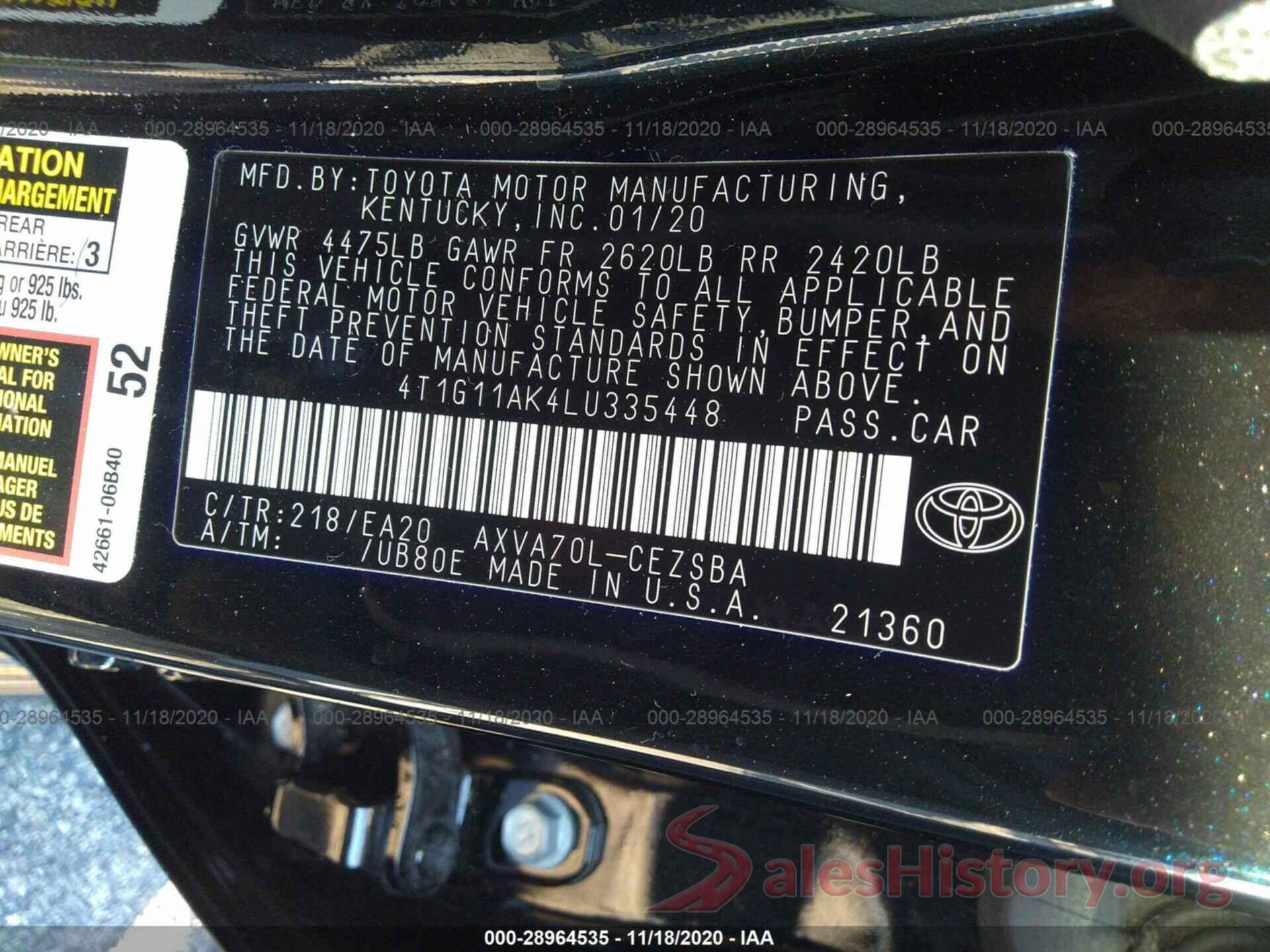 4T1G11AK4LU335448 2020 TOYOTA CAMRY