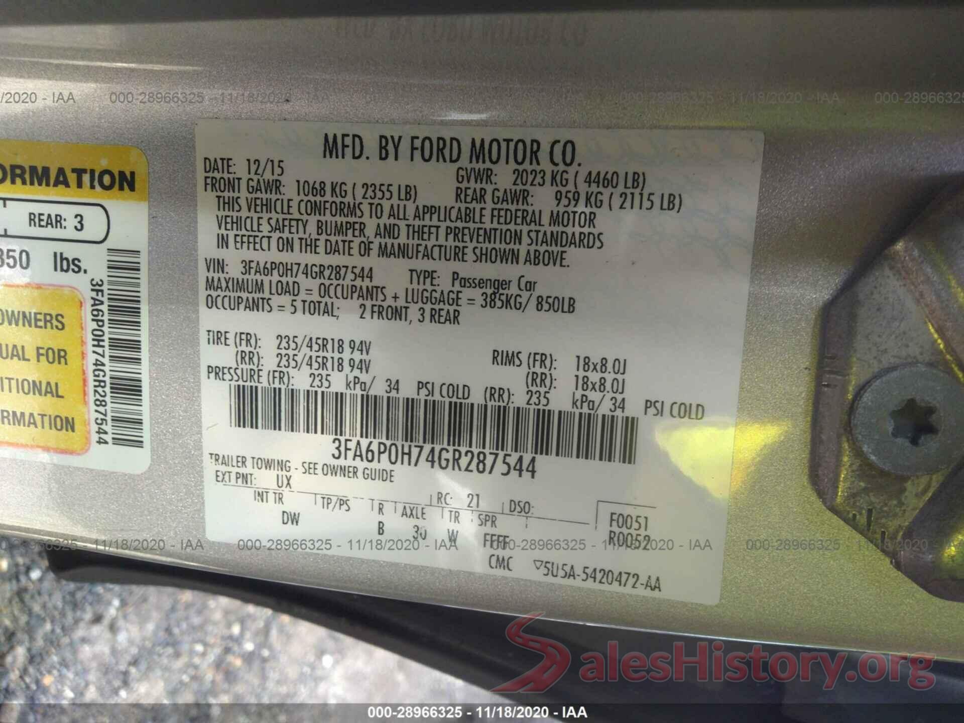 3FA6P0H74GR287544 2016 FORD FUSION