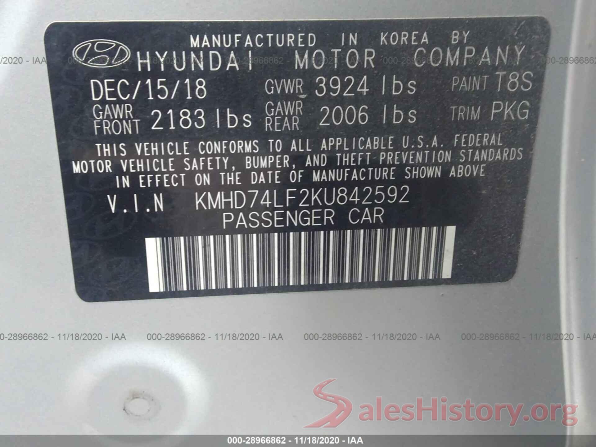 KMHD74LF2KU842592 2019 HYUNDAI ELANTRA